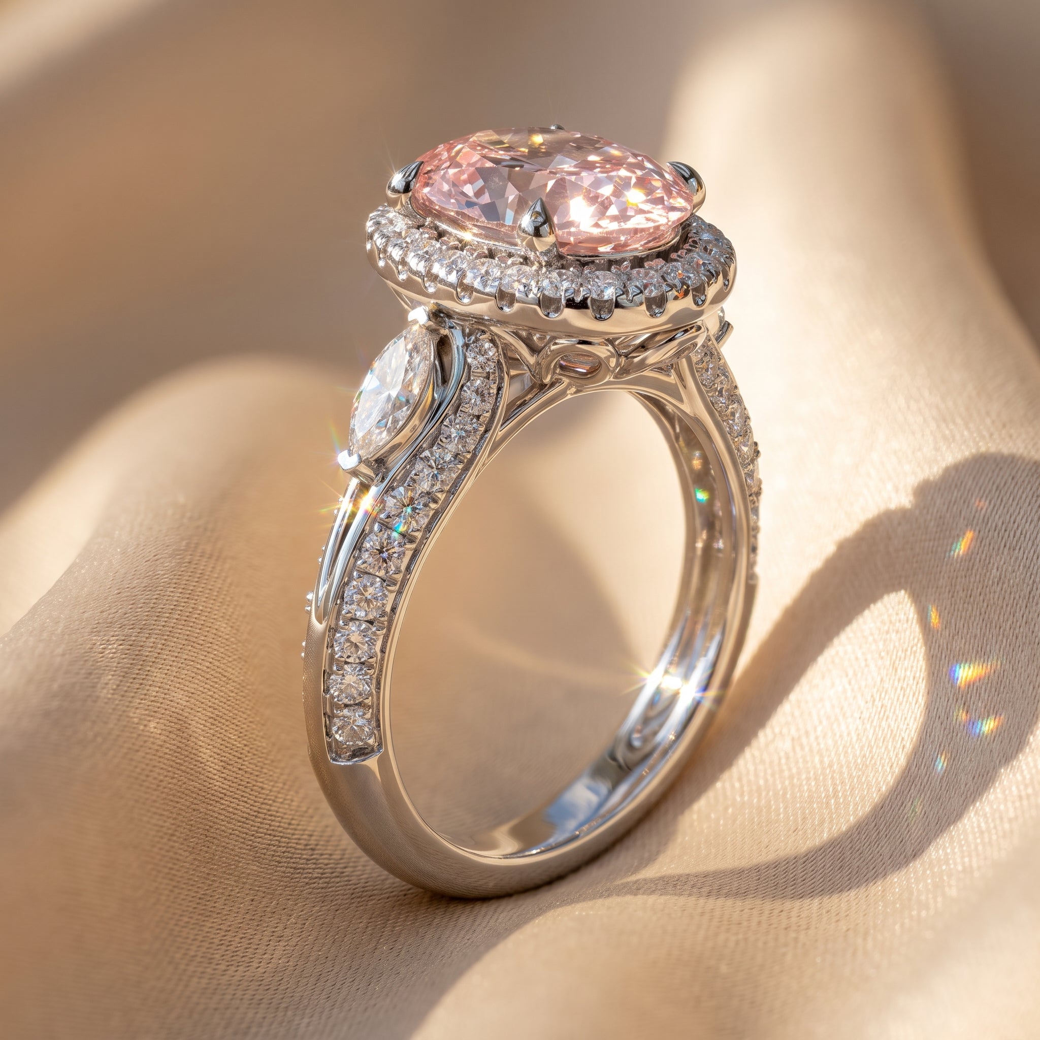 3Cttw Oval Shaped Pink Lab Grown Diamond (F/VS) Three Stone Halo Enagement Ring 14K Gold