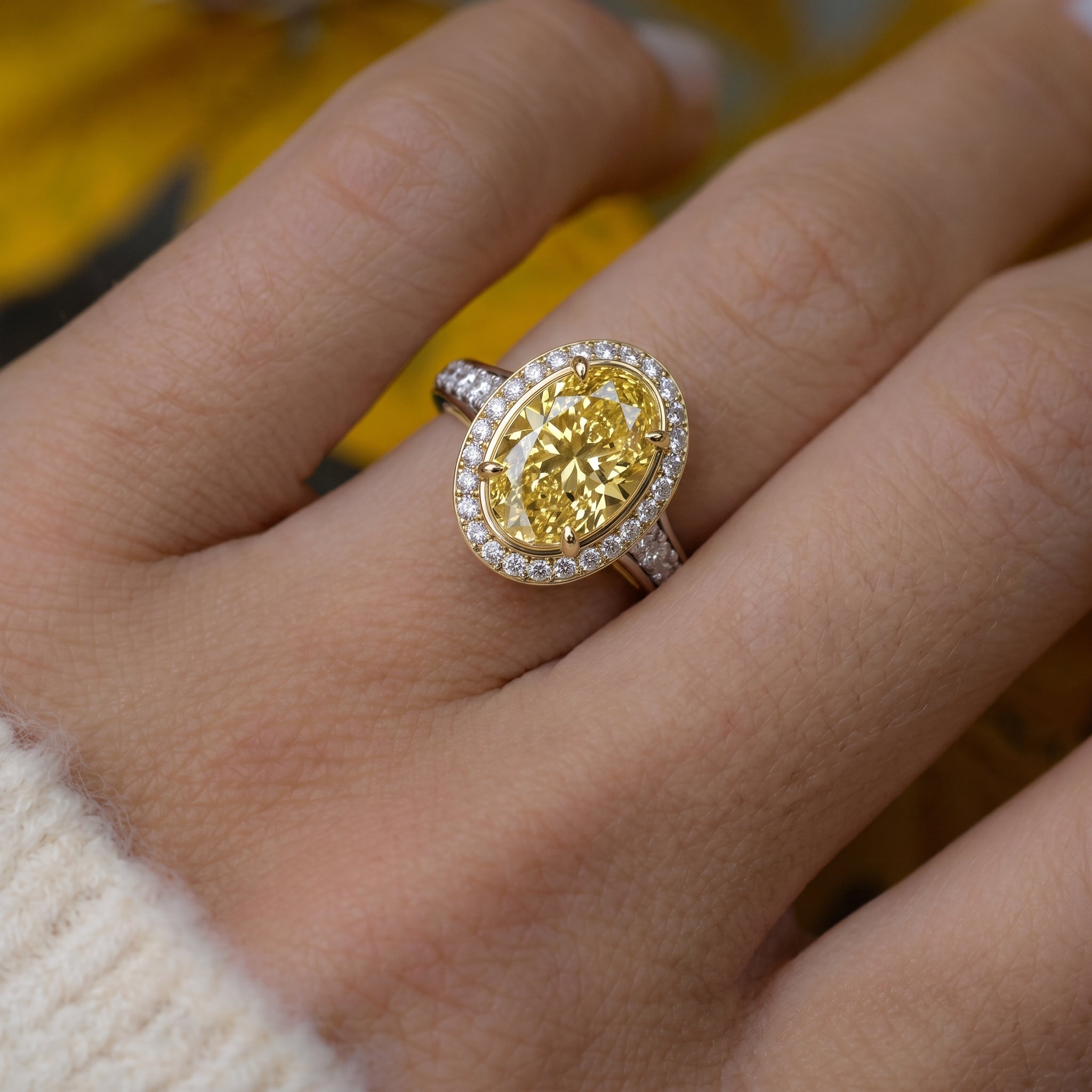 3.5Cttw Oval Shaped Yellow Lab Grown Diamond (F/VS) Bold Accented Statement Halo Engagement Ring 14K Gold