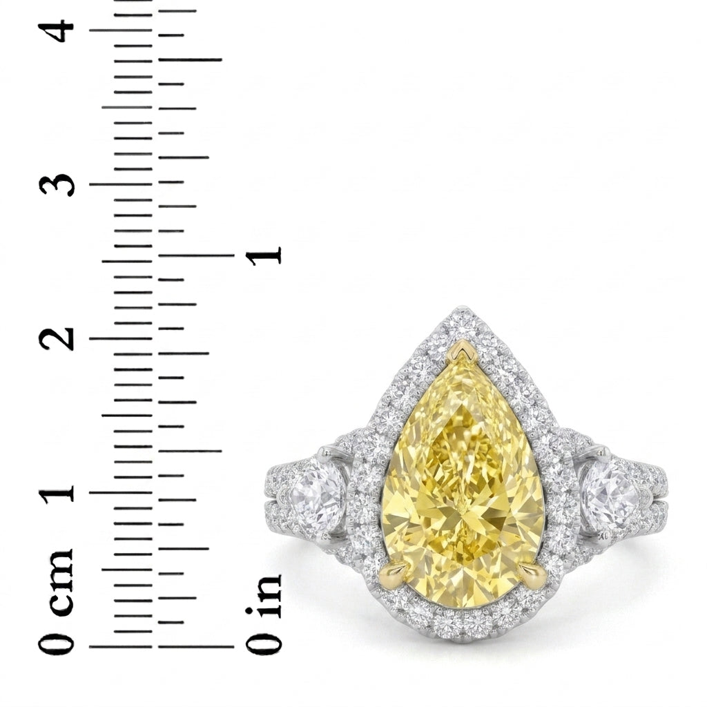 3Cttw Pear Shaped Yellow Lab Grown Diamond (F/VS) Three Stone Bold Accented Engagement Ring in 14K Gold