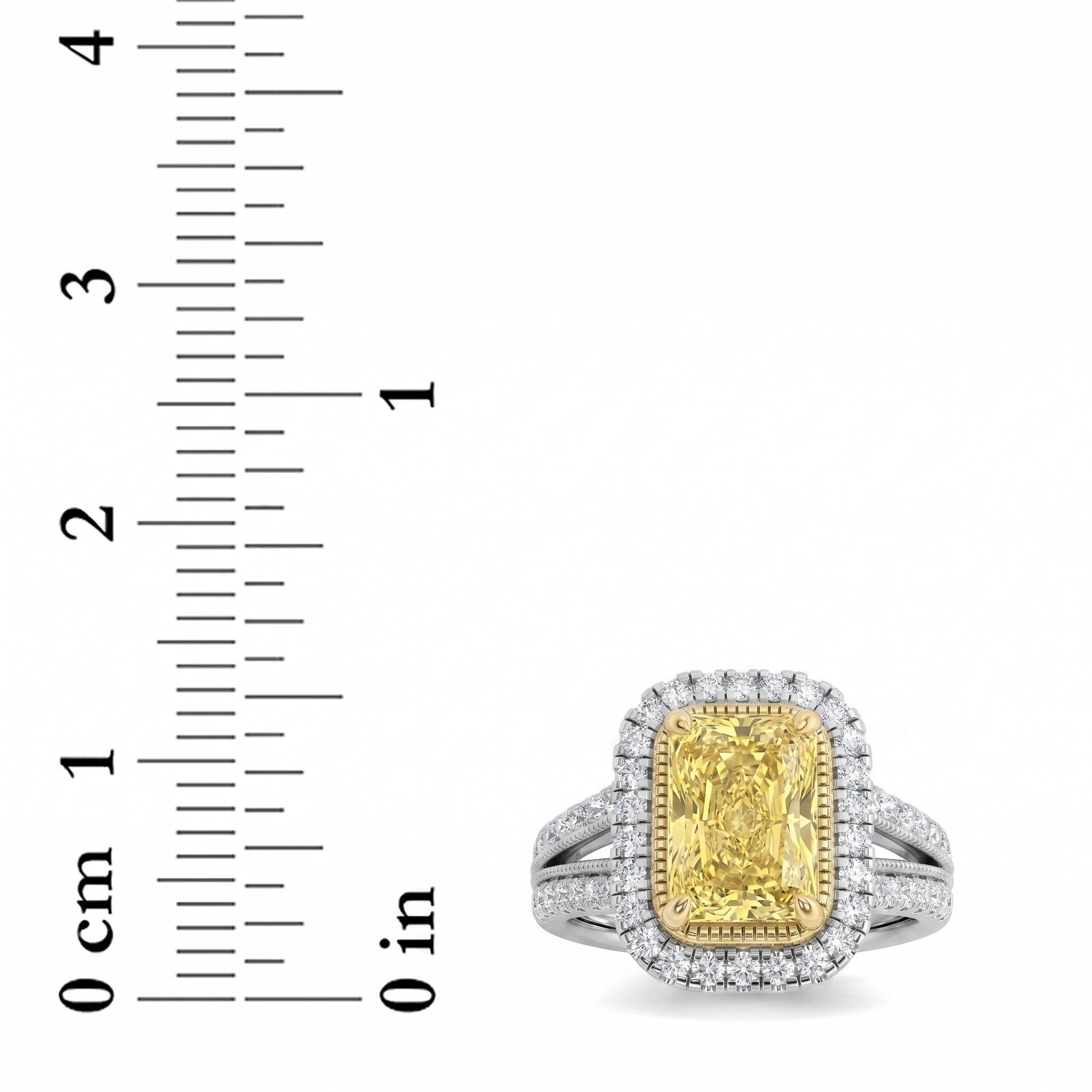 2.5Cttw Radiant Shaped Fancy Yellow Lab Grown Diamond (F/VS) Split Shank Halo Engagement Ring 14K Gold