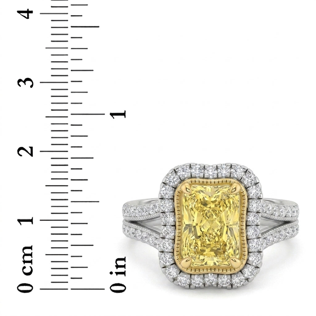 2.5Cttw Radiant Shaped Fancy Yellow Lab Grown Diamond (F/VS) Split Shank Engagement Halo Ring 14K Gold