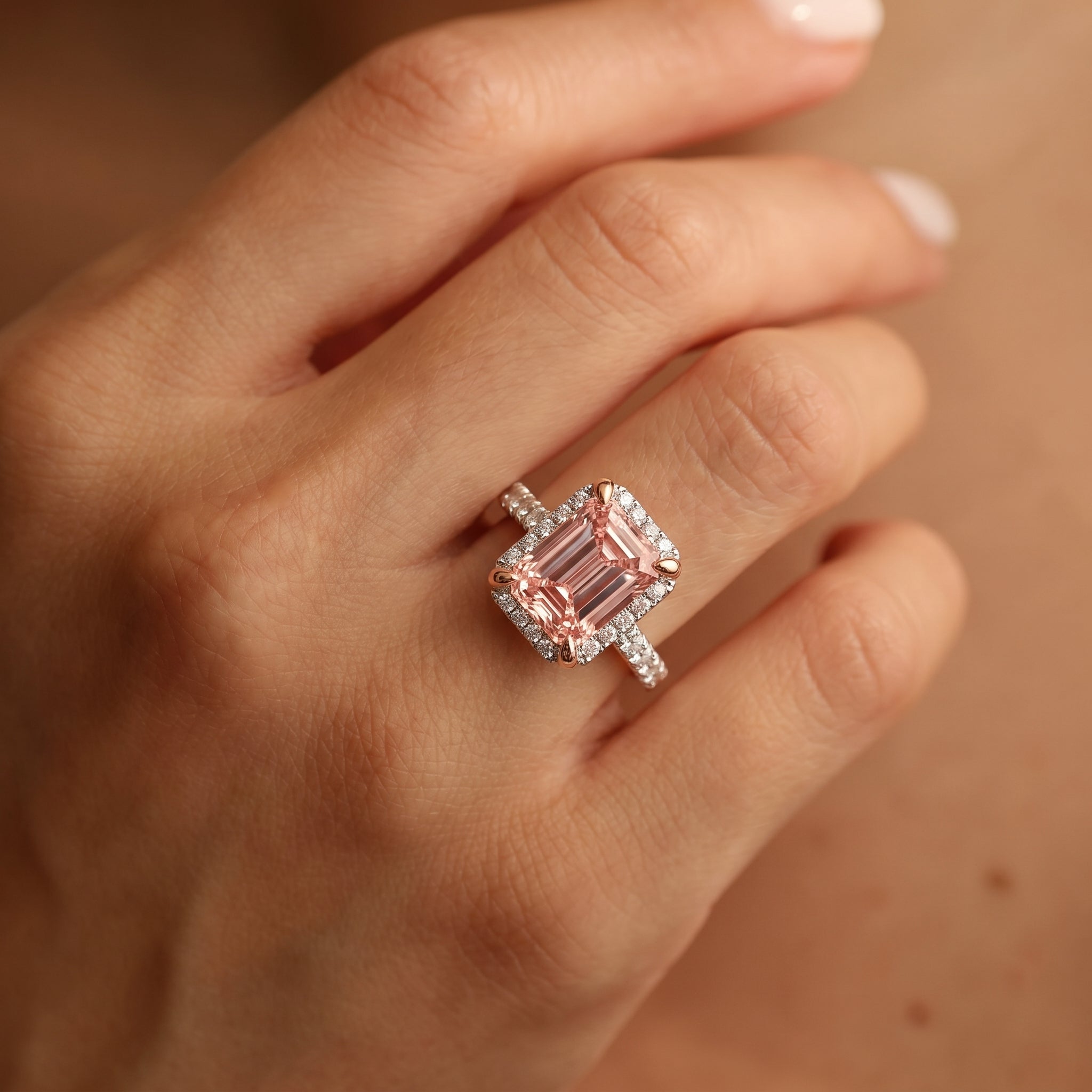 2Cttw Emerald Shaped Pink Lab Grown Diamond (F/VS) Halo Accented Engagement Ring 14K Gold