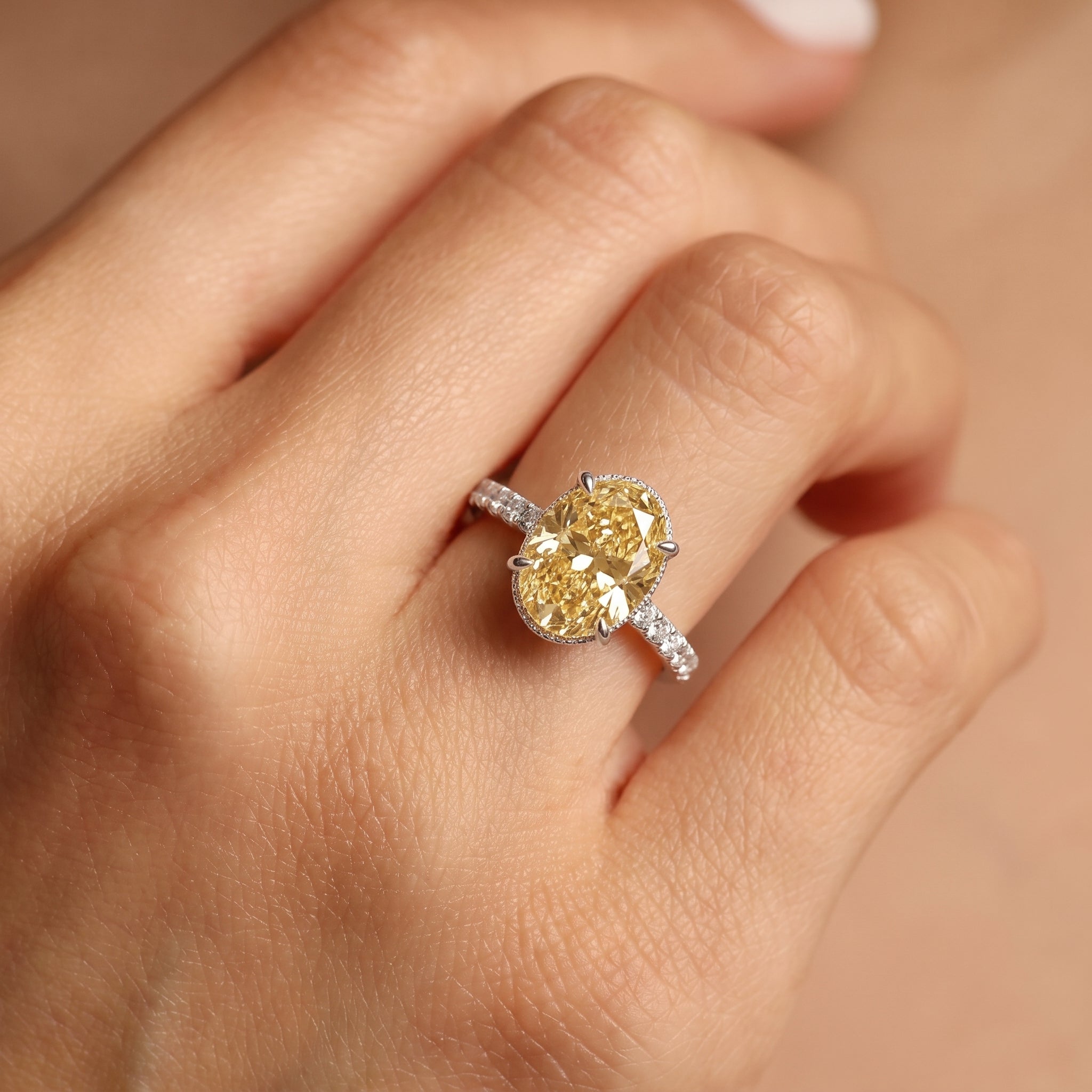 2Cttw Oval Shaped Yellow Lab Grown Diamond (F/VS) Halo Accented Engagement Ring 14K Gold