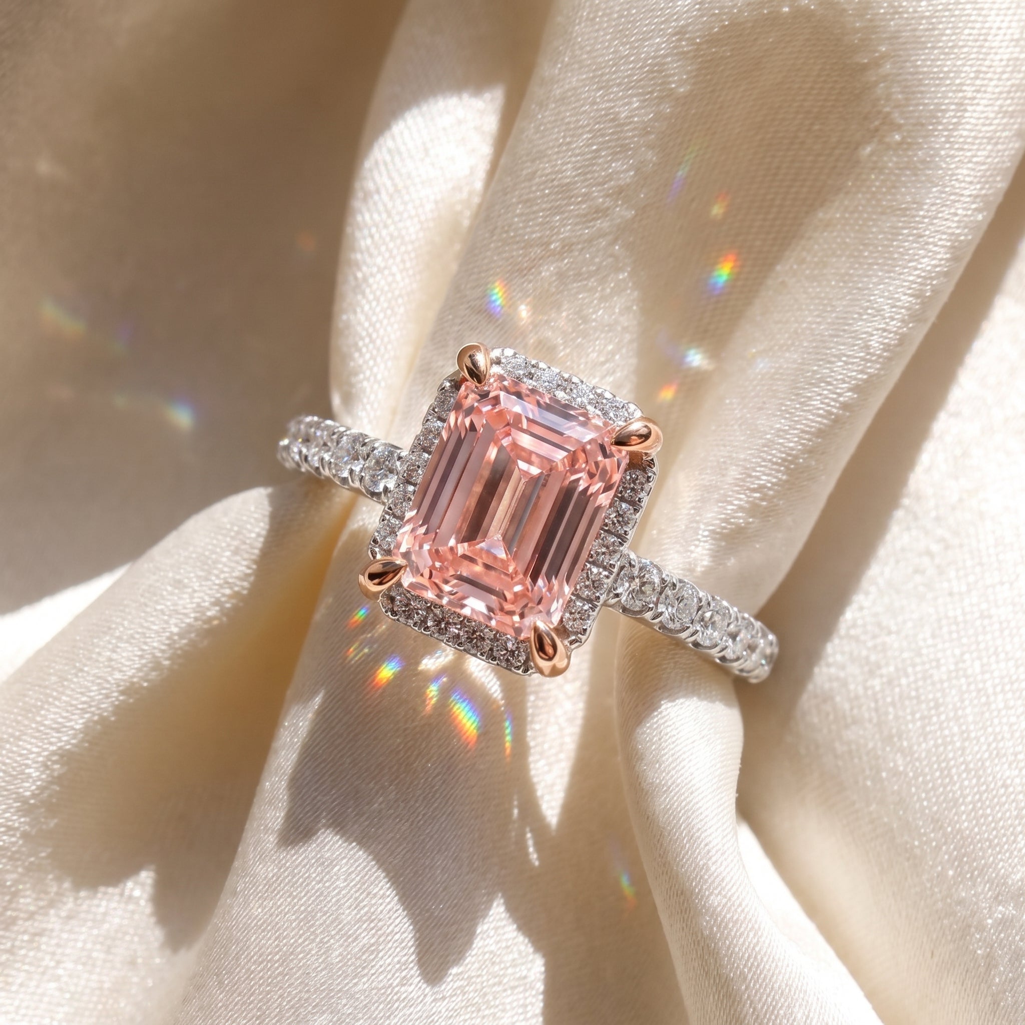 2Cttw Emerald Shaped Pink Lab Grown Diamond (F/VS) Halo Accented Engagement Ring 14K Gold