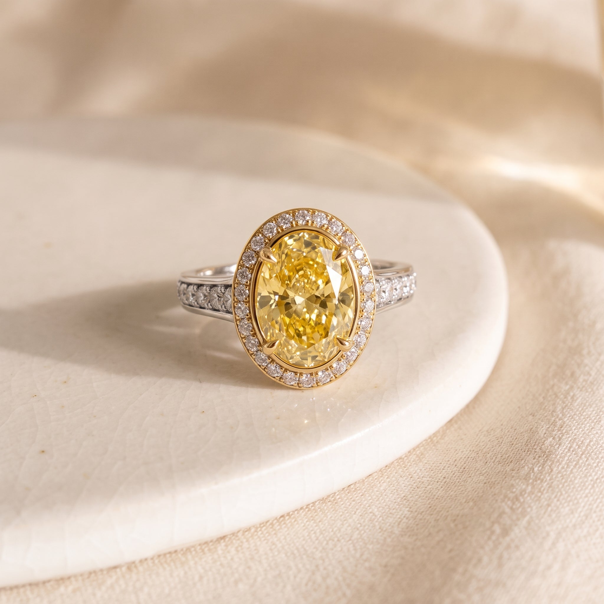 3.5Cttw Oval Shaped Yellow Lab Grown Diamond (F/VS) Bold Accented Statement Halo Engagement Ring 14K Gold
