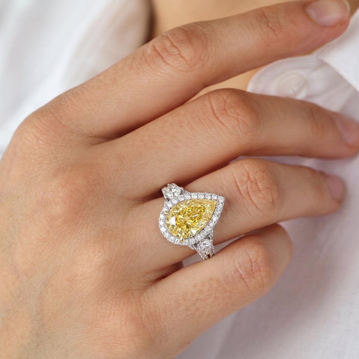 3Cttw Pear Shaped Yellow Lab Grown Diamond (F/VS) Three Stone Bold Accented Engagement Ring in 14K Gold