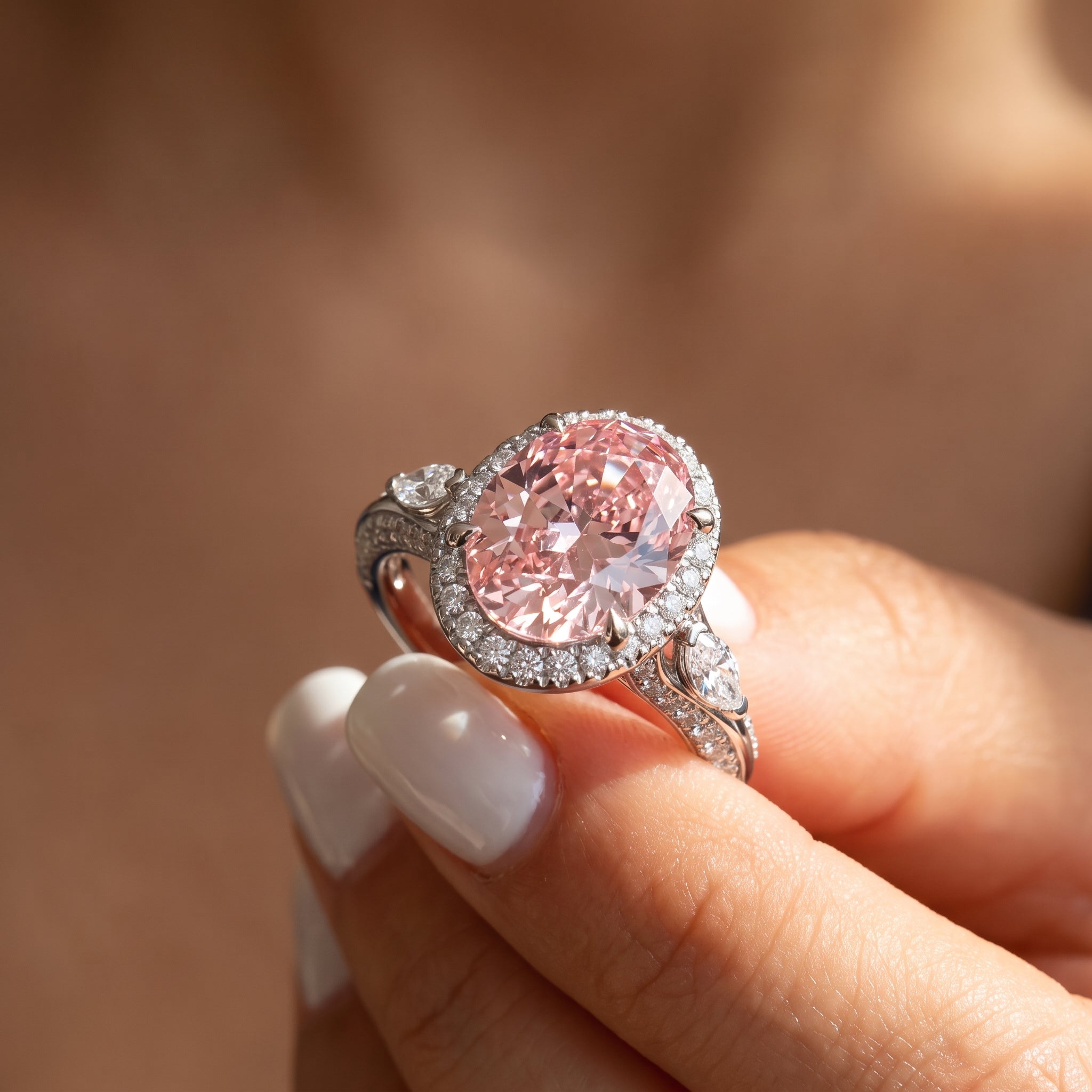 3Cttw Oval Shaped Pink Lab Grown Diamond (F/VS) Three Stone Halo Enagement Ring 14K Gold