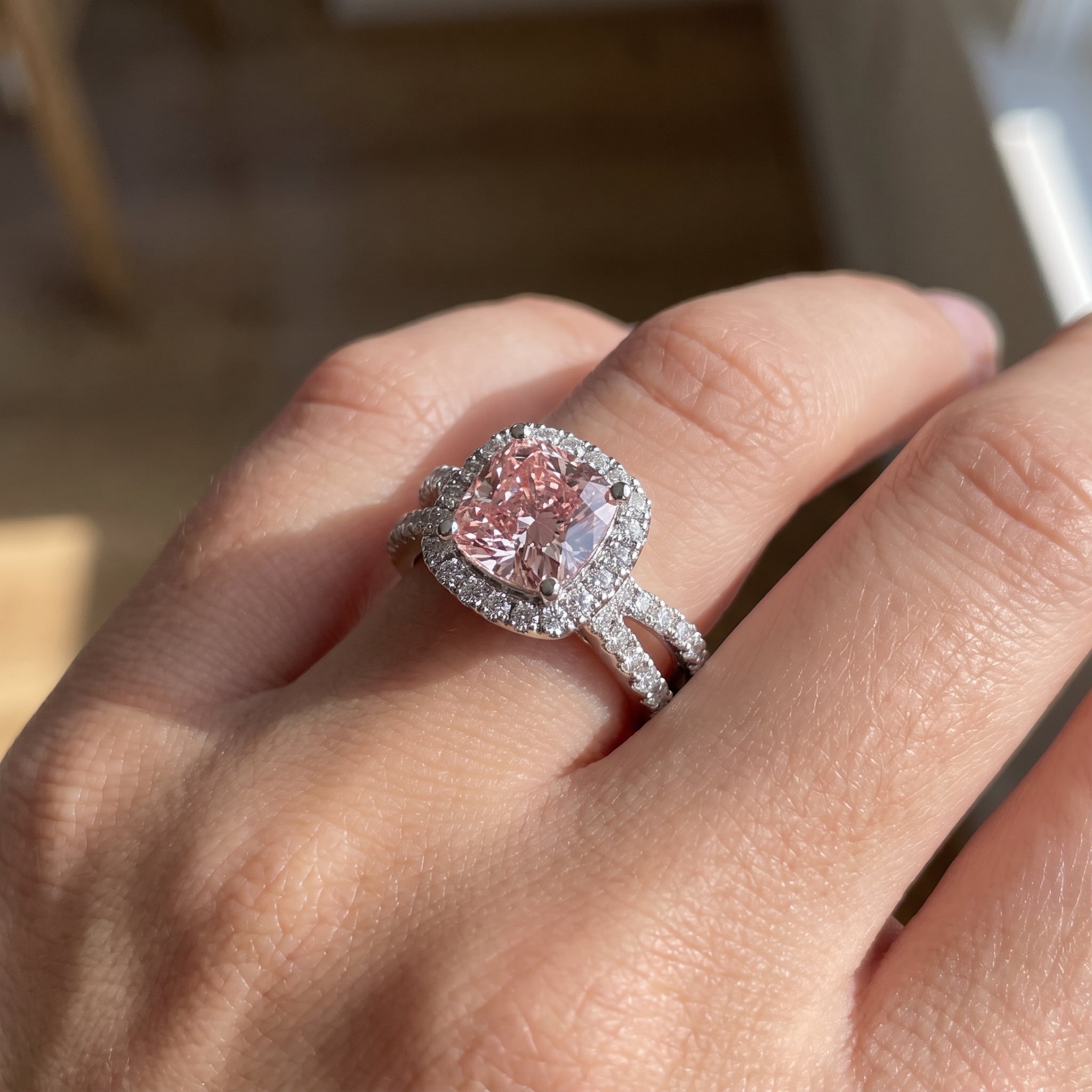 2Cttw Cushion Shaped Pink Lab Grown Diamond (F/VS) Engagement Ring 14K Gold