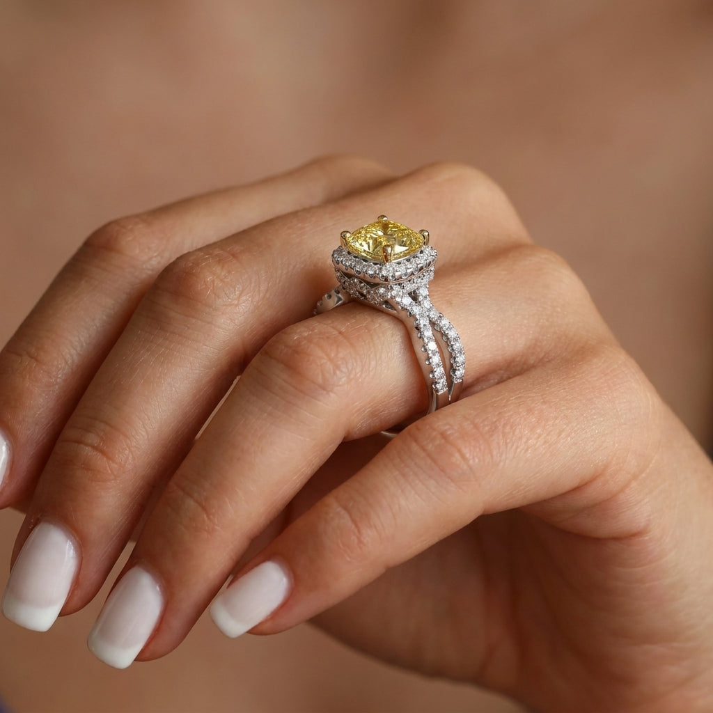 2.25Cttw Elongated Cushion Shaped Yellow Lab Grown Diamond (F/VS) Engagement Ring 14K Gold