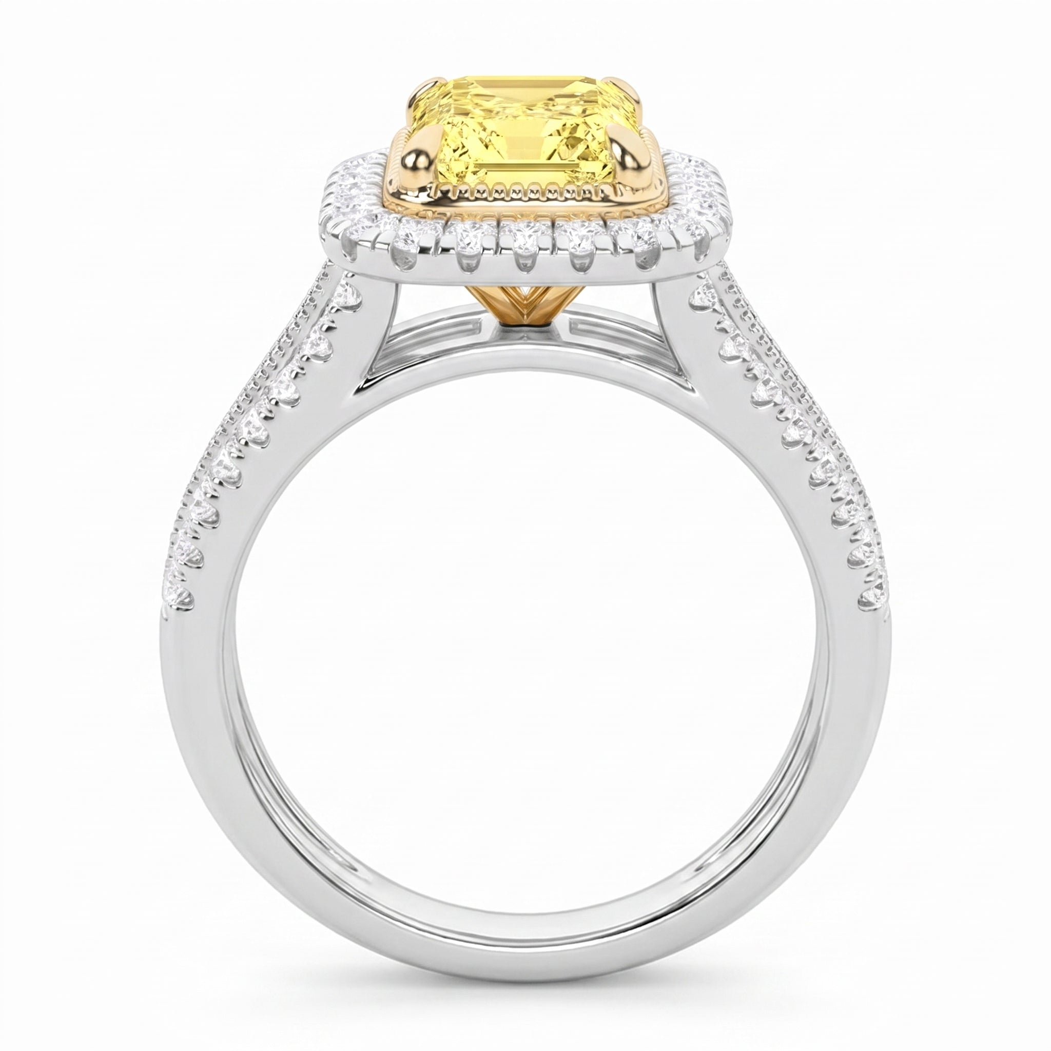 2.5Cttw Radiant Shaped Fancy Yellow Lab Grown Diamond (F/VS) Split Shank Halo Engagement Ring 14K Gold