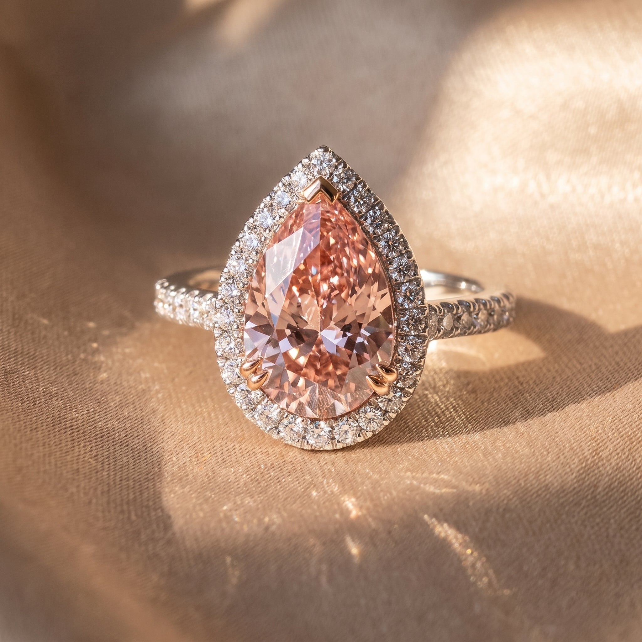 3Cttw Pear Shaped Pink Lab Grown Diamond (F/VS) Bold Accented Halo Engagement Ring 14K Gold