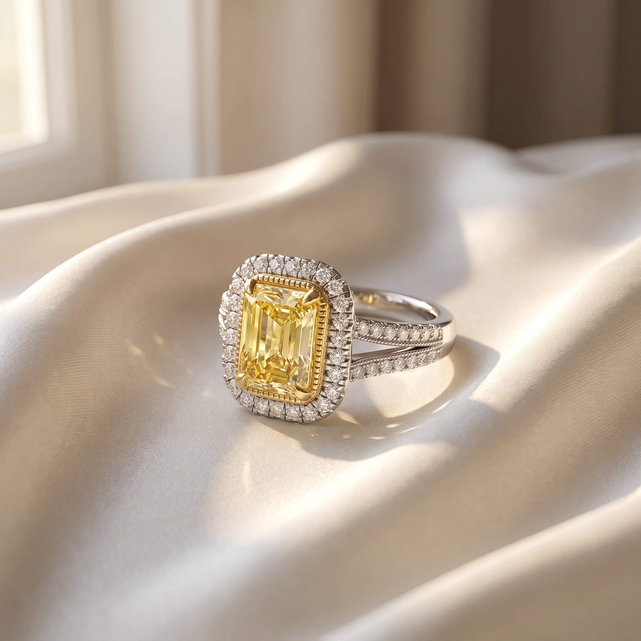2.5Cttw Radiant Shaped Fancy Yellow Lab Grown Diamond (F/VS) Split Shank Halo Engagement Ring 14K Gold