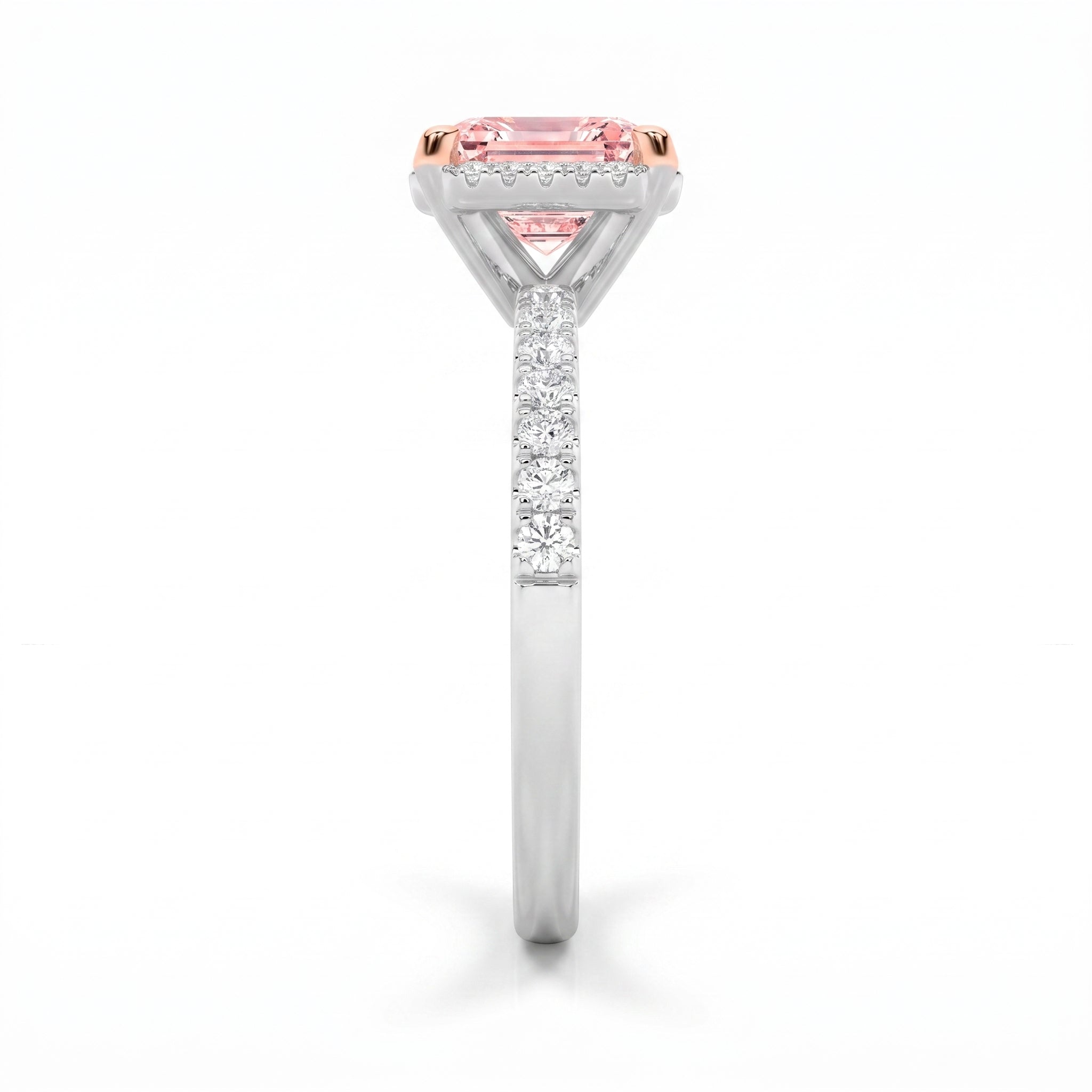 2Cttw Emerald Shaped Pink Lab Grown Diamond (F/VS) Halo Accented Engagement Ring 14K Gold