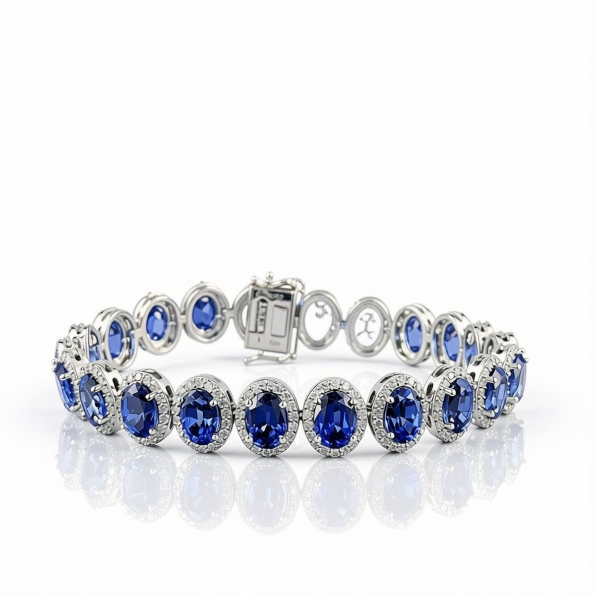 14K White Gold Lab Grown Oval Blue Sapphire Bracelet