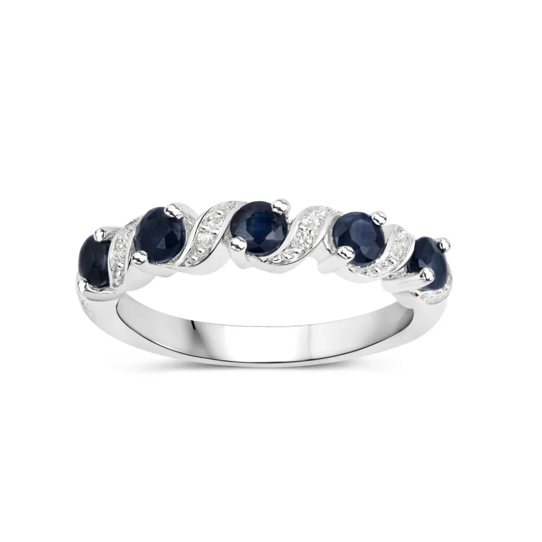Genuine Blue Sapphire Silver Five Stone Ring
