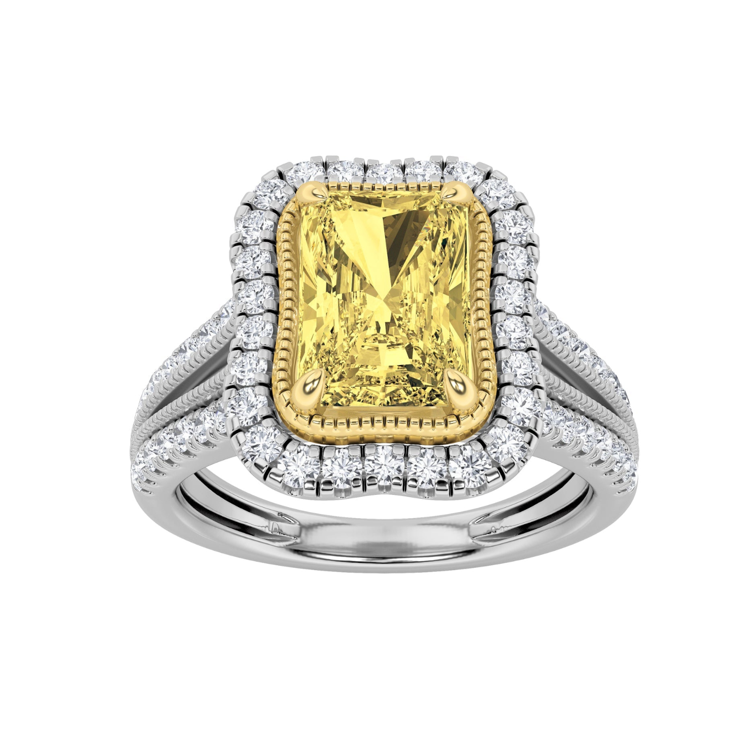 2.5Cttw Radiant Shaped Fancy Yellow Lab Grown Diamond (F/VS) Split Shank Engagement Halo Ring 14K Gold