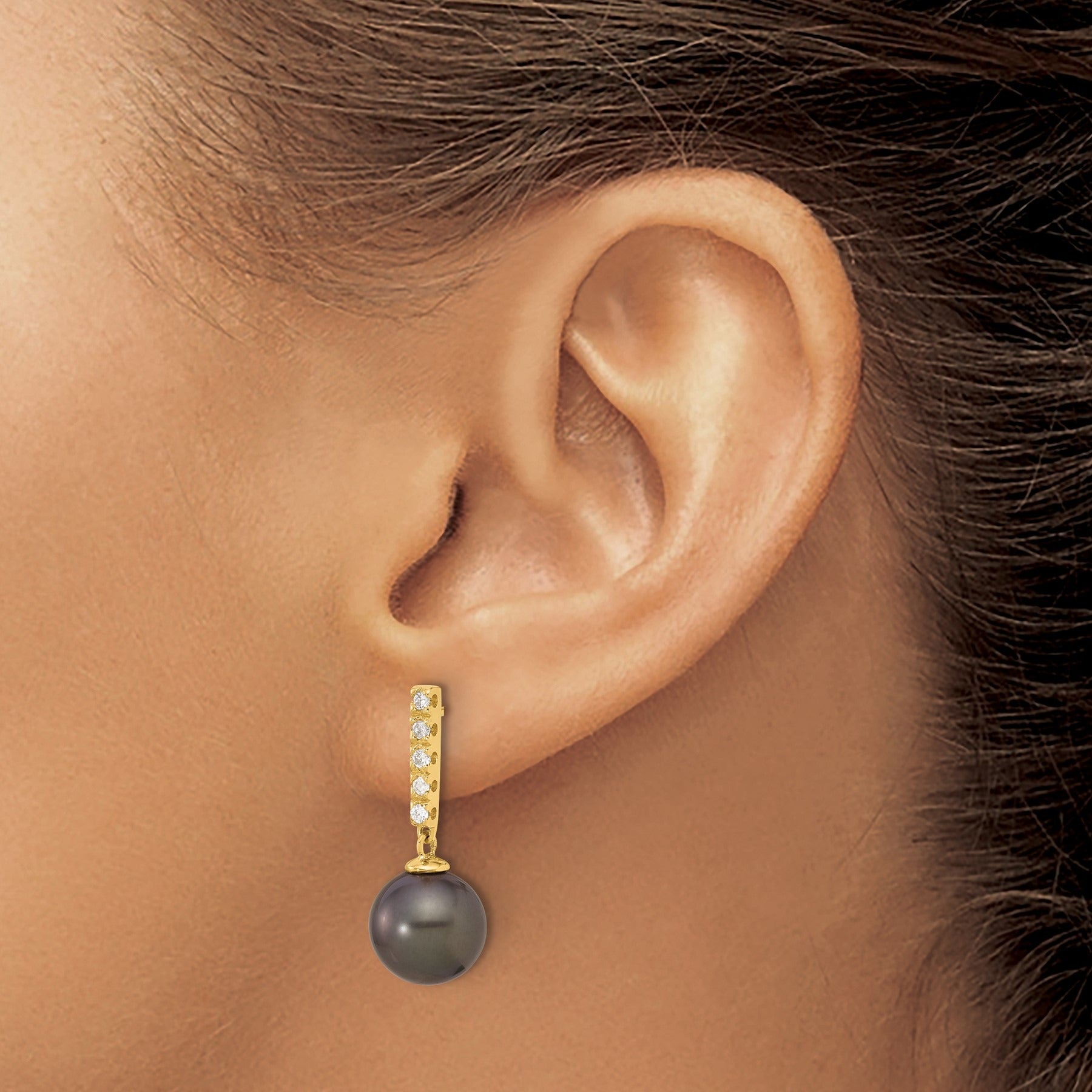14k Gold Black Tahitian Pearl Diamond Post Dangle Earrings