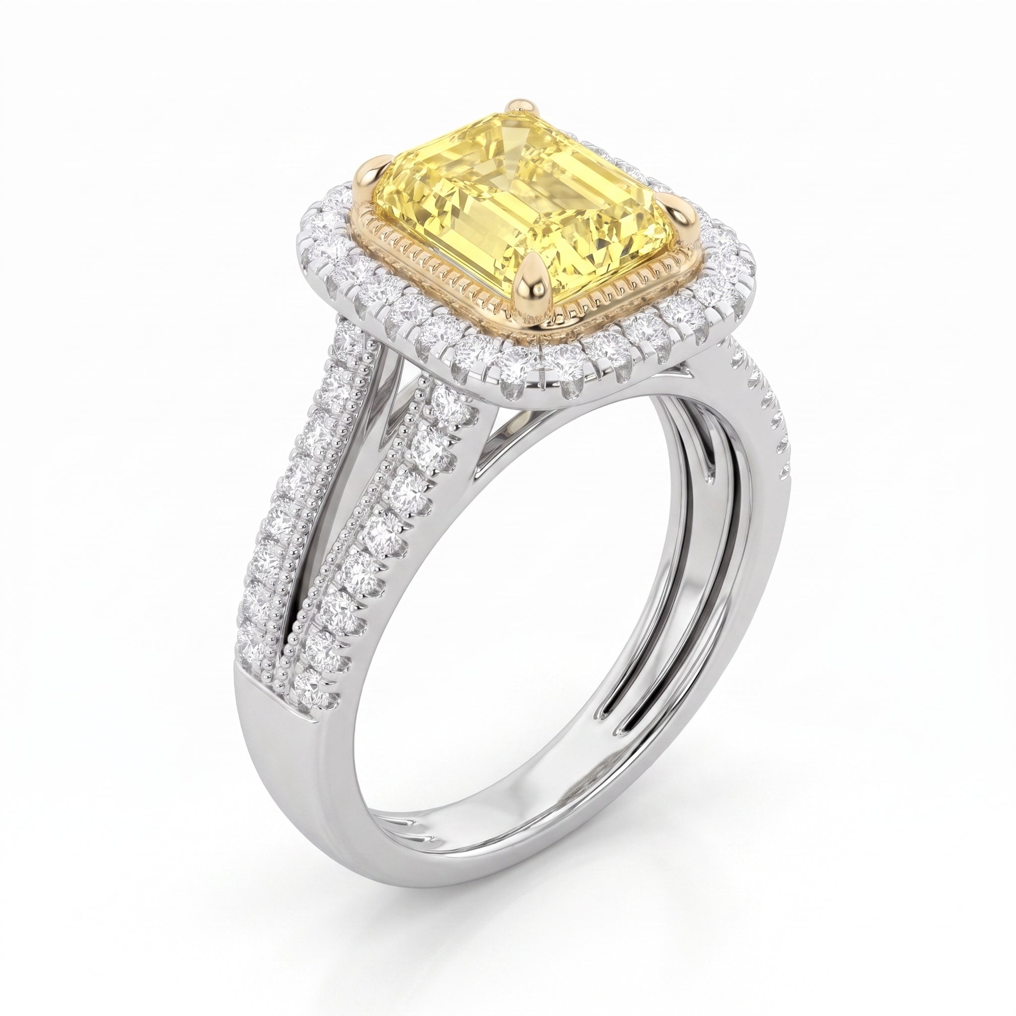 2.5Cttw Radiant Shaped Fancy Yellow Lab Grown Diamond (F/VS) Split Shank Halo Engagement Ring 14K Gold