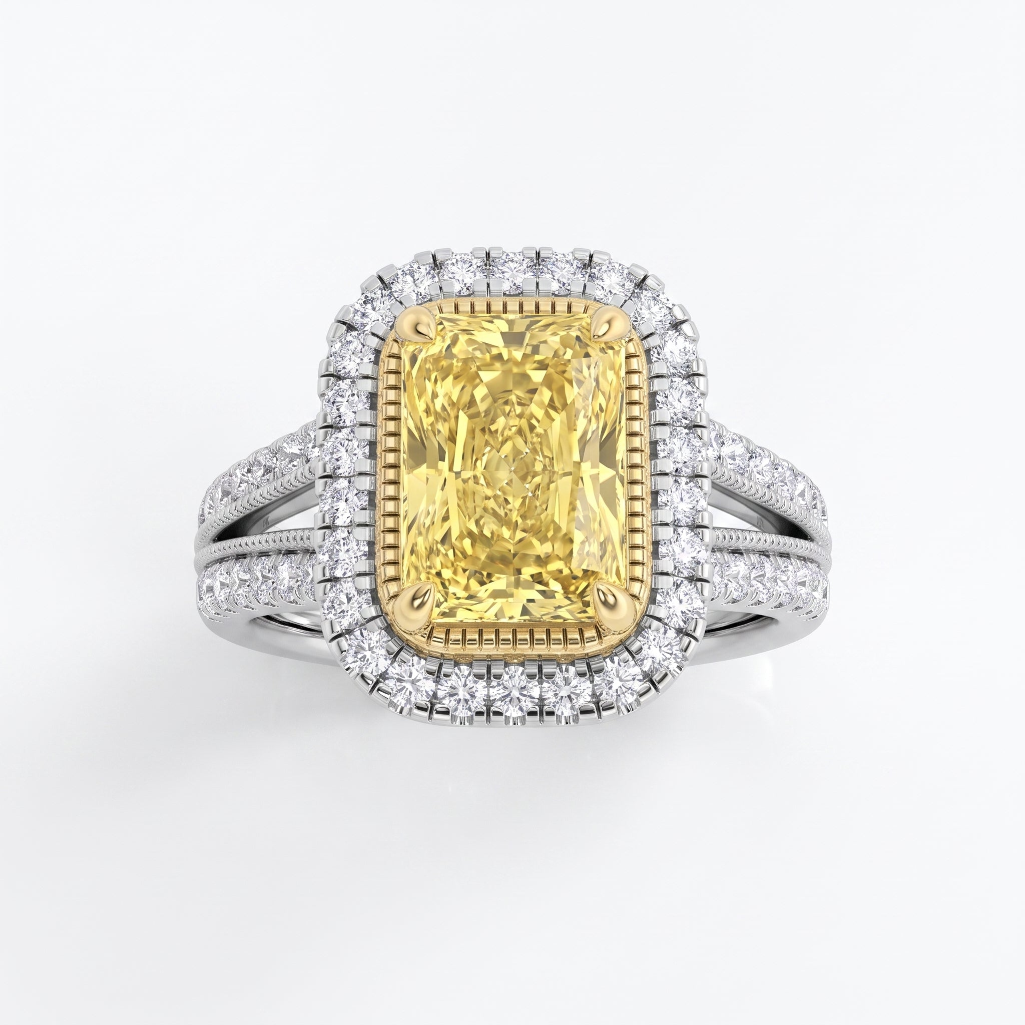 2.5Cttw Radiant Shaped Fancy Yellow Lab Grown Diamond (F/VS) Split Shank Halo Engagement Ring 14K Gold