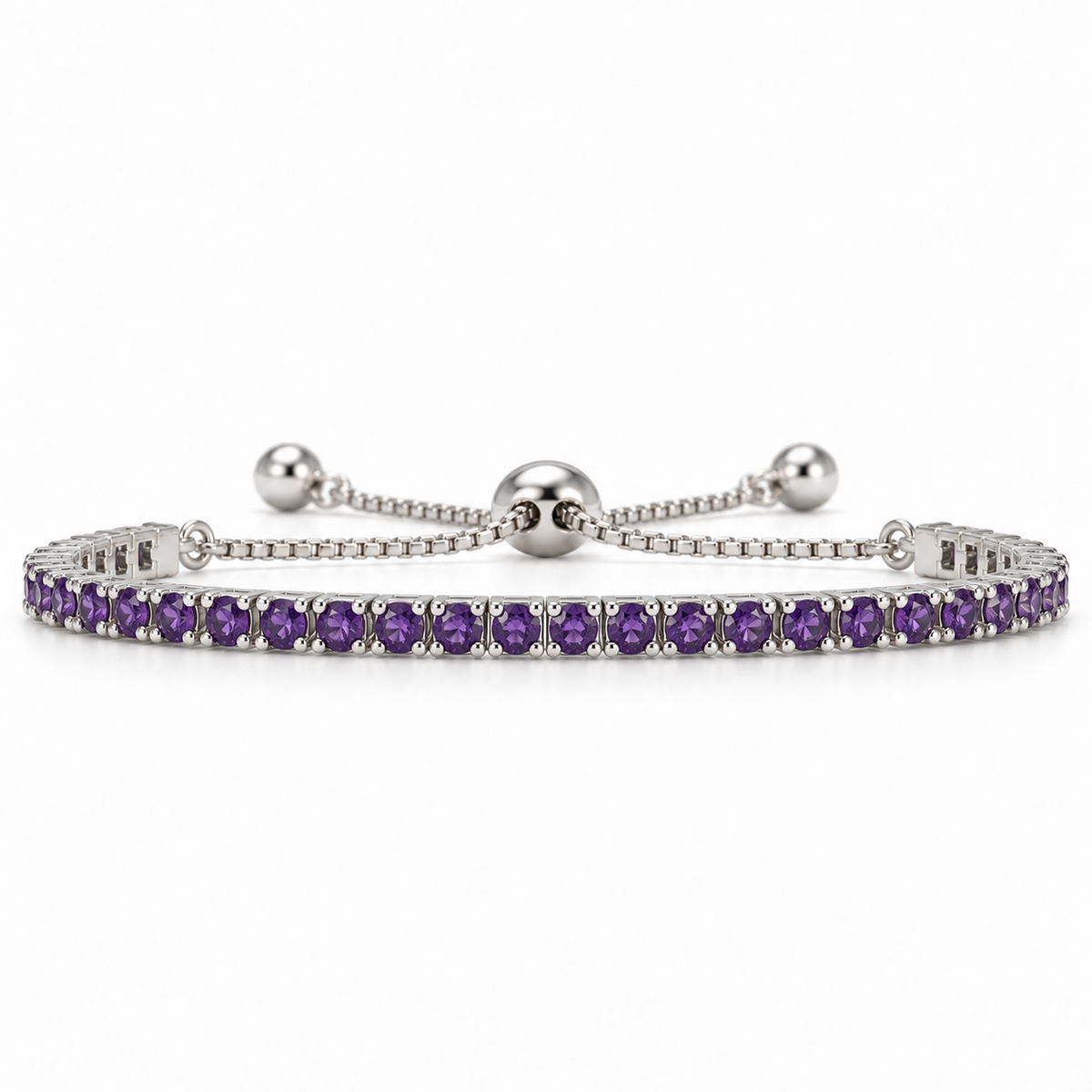 Round Amethyst Prong Tennis Bolo Adjustable Sterling Silver Bracelet