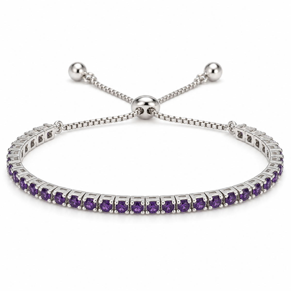 Round Amethyst Prong Tennis Bolo Adjustable Sterling Silver Bracelet