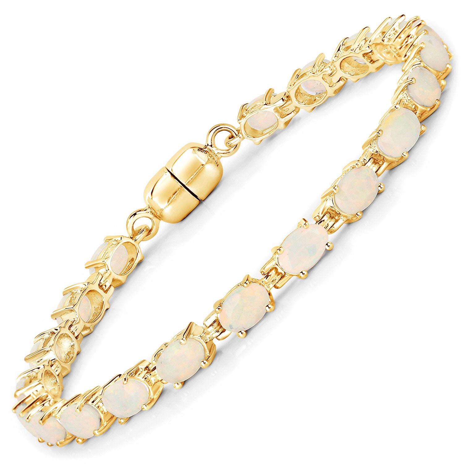 5.28 Cttw Oval White Ethiopian Opal 14K Yellow Gold Plated Silver Tennis Bracelet