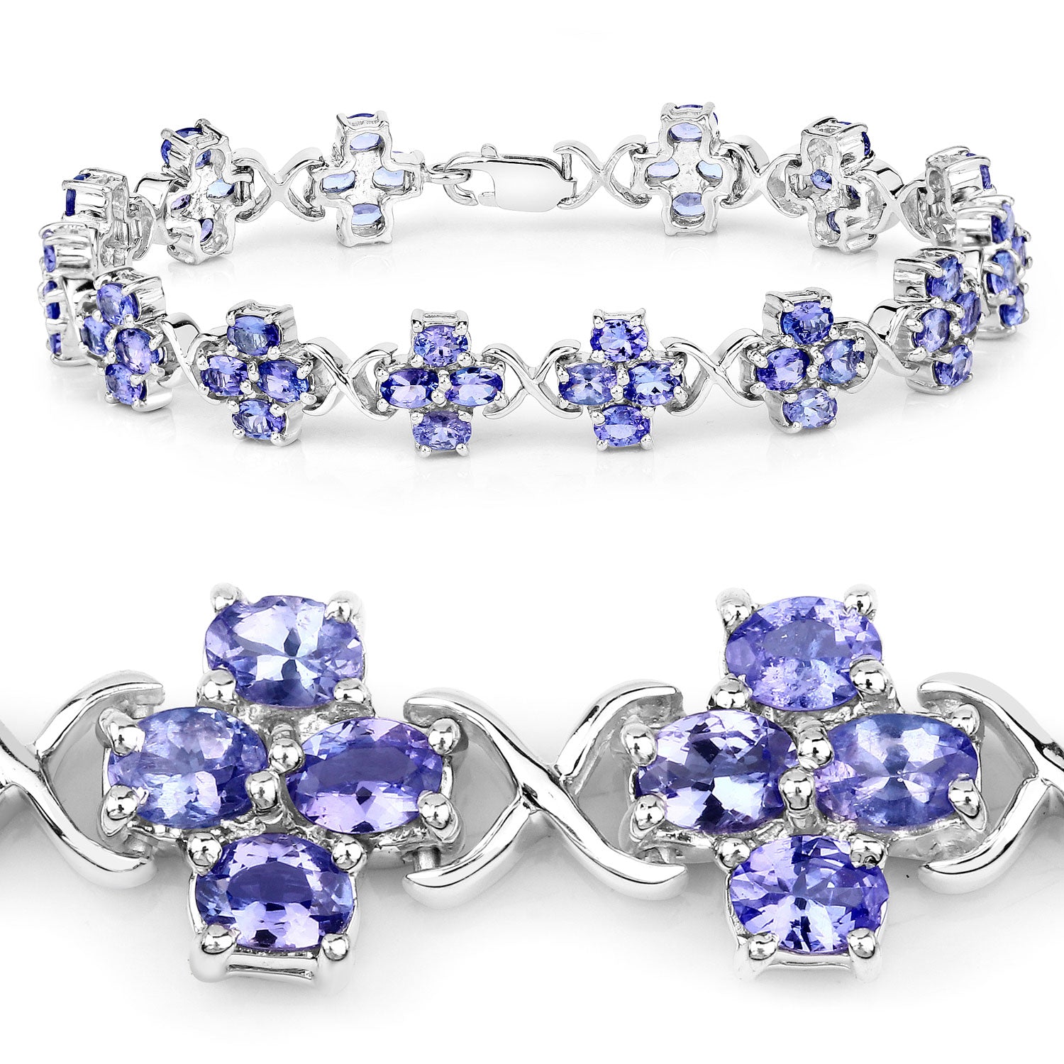 9.52 Cttw Oval Violet Tanzanite Rhodium over Silver Floral Cluster Tennis Bracelet