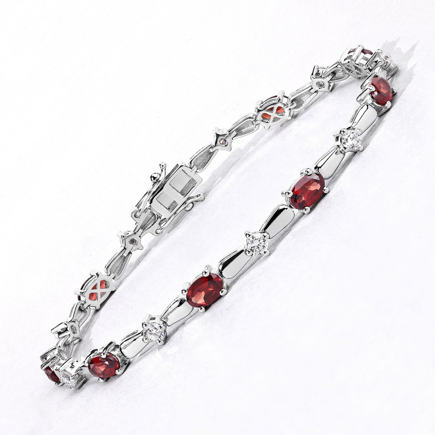 5.05 Cttw Oval Red Garnet and Lab Diamond Rhodium over Silver Tennis Bracelet