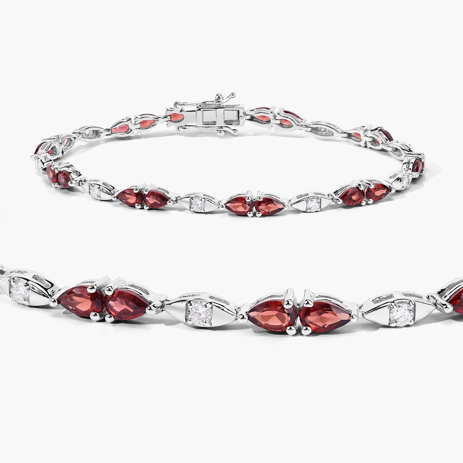 5.20 Cttw Pear Red Garnet and Lab Grown Diamond Rhodium over Silver Tennis Bracelet