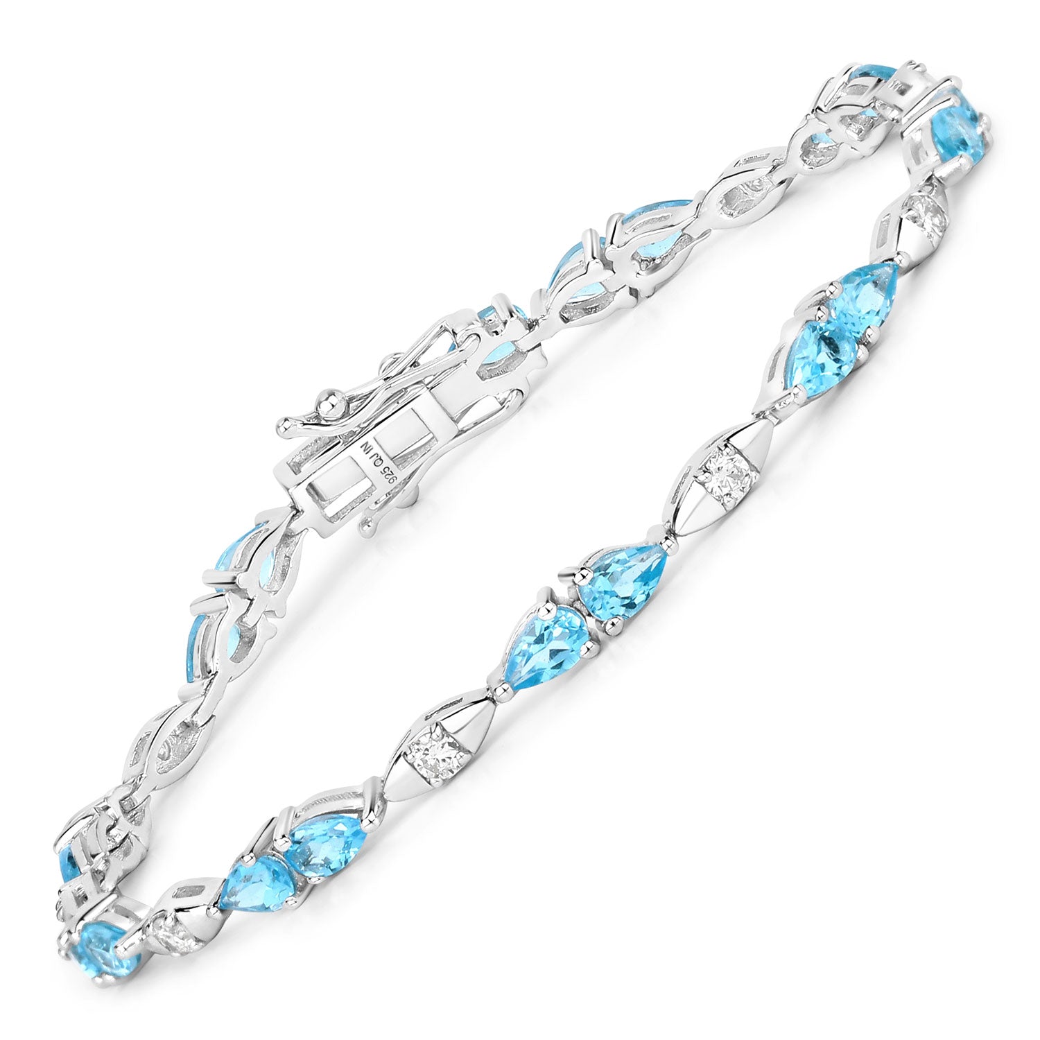 4.82 Cttw Pear Swiss Blue Topaz and Lab Diamond Rhodium over Silver Tennis Bracelet