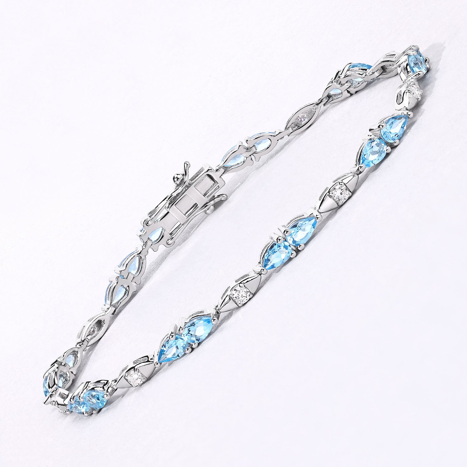 4.82 Cttw Pear Swiss Blue Topaz and Lab Diamond Rhodium over Silver Tennis Bracelet