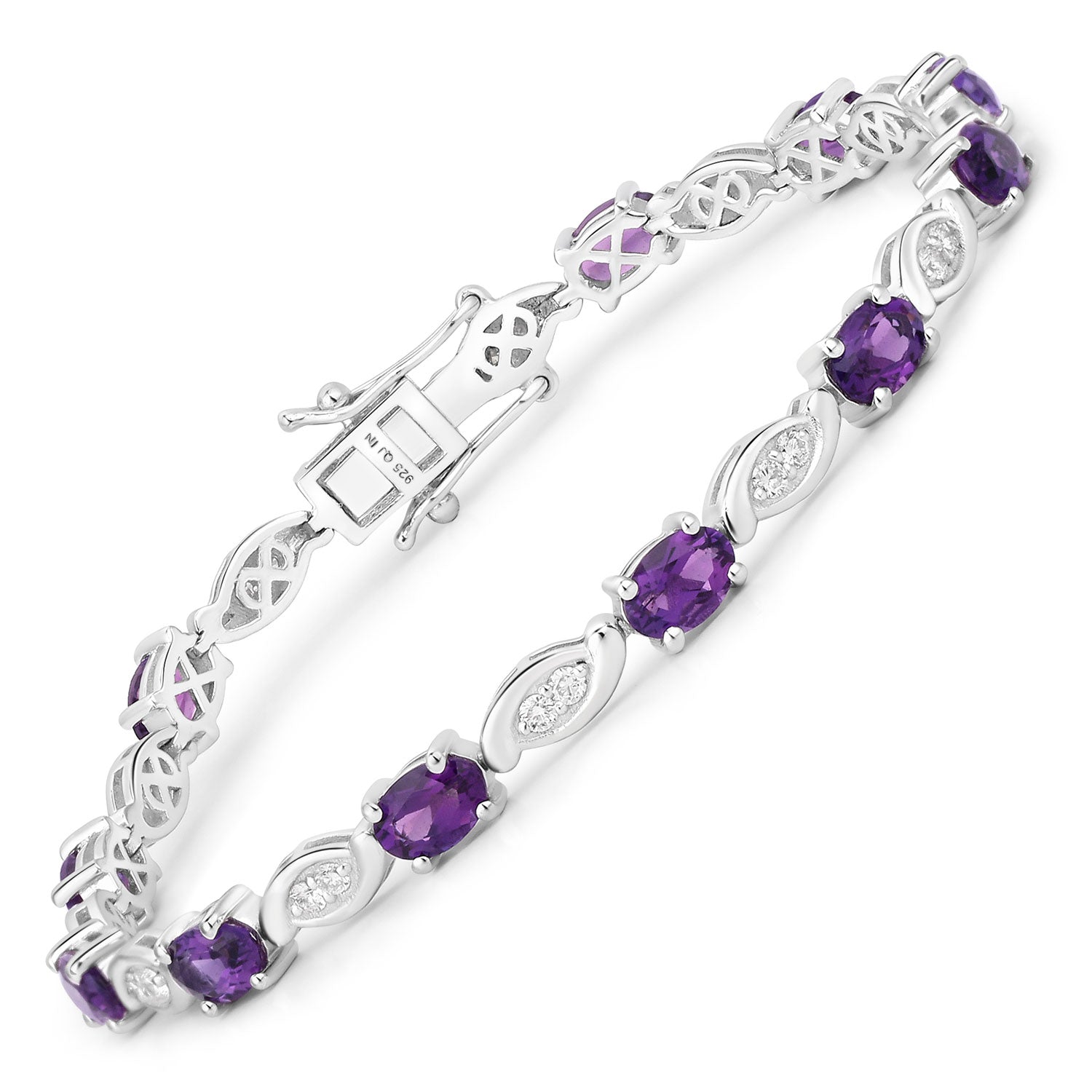 5.09 Cttw Oval Purple Amethyst and Lab Grown Diamond Rhodium over Silver Tennis Bracelet