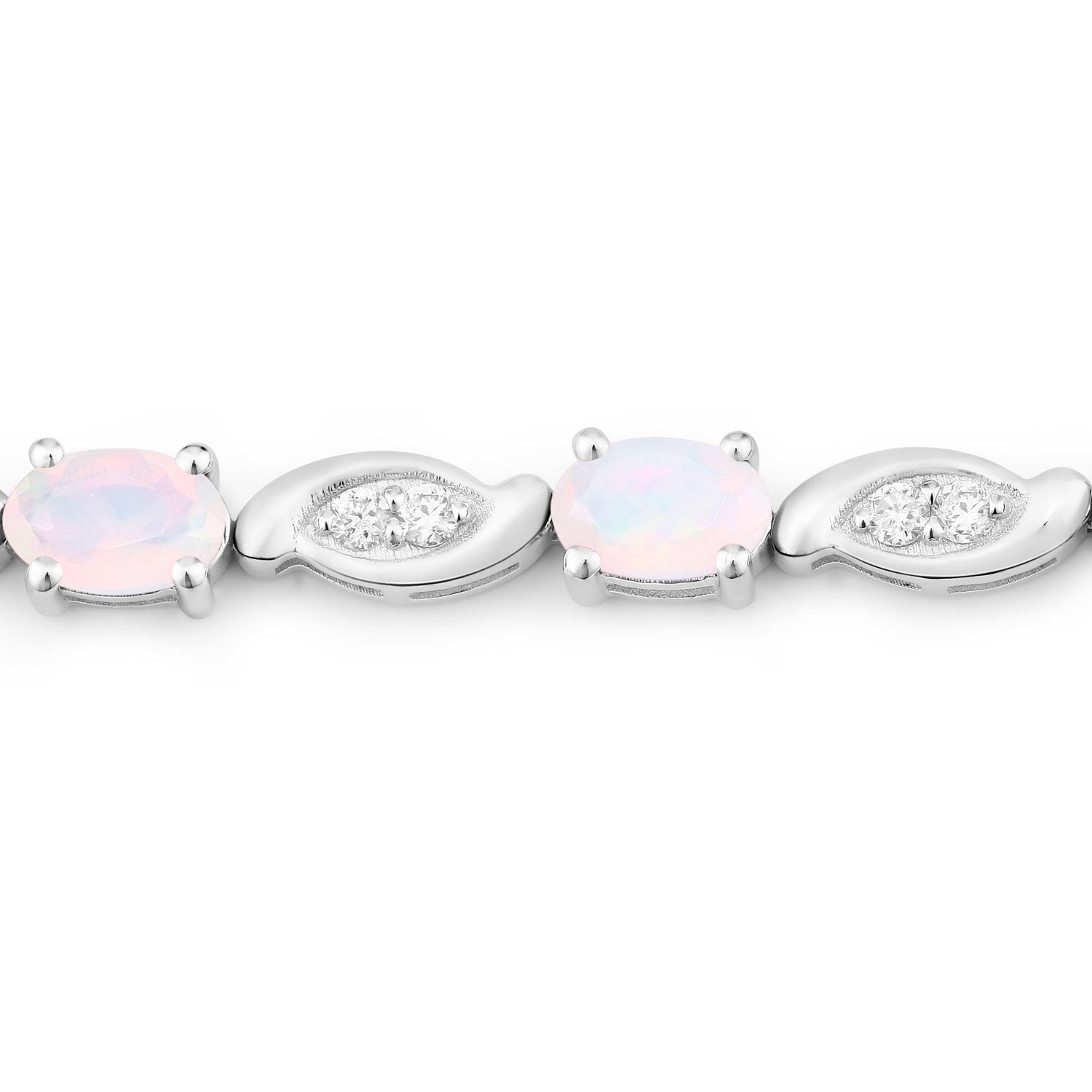 3.41 Cttw Oval White Ethiopian Opal and Lab Grown Diamond Rhodium over Silver Tennis Bracelet