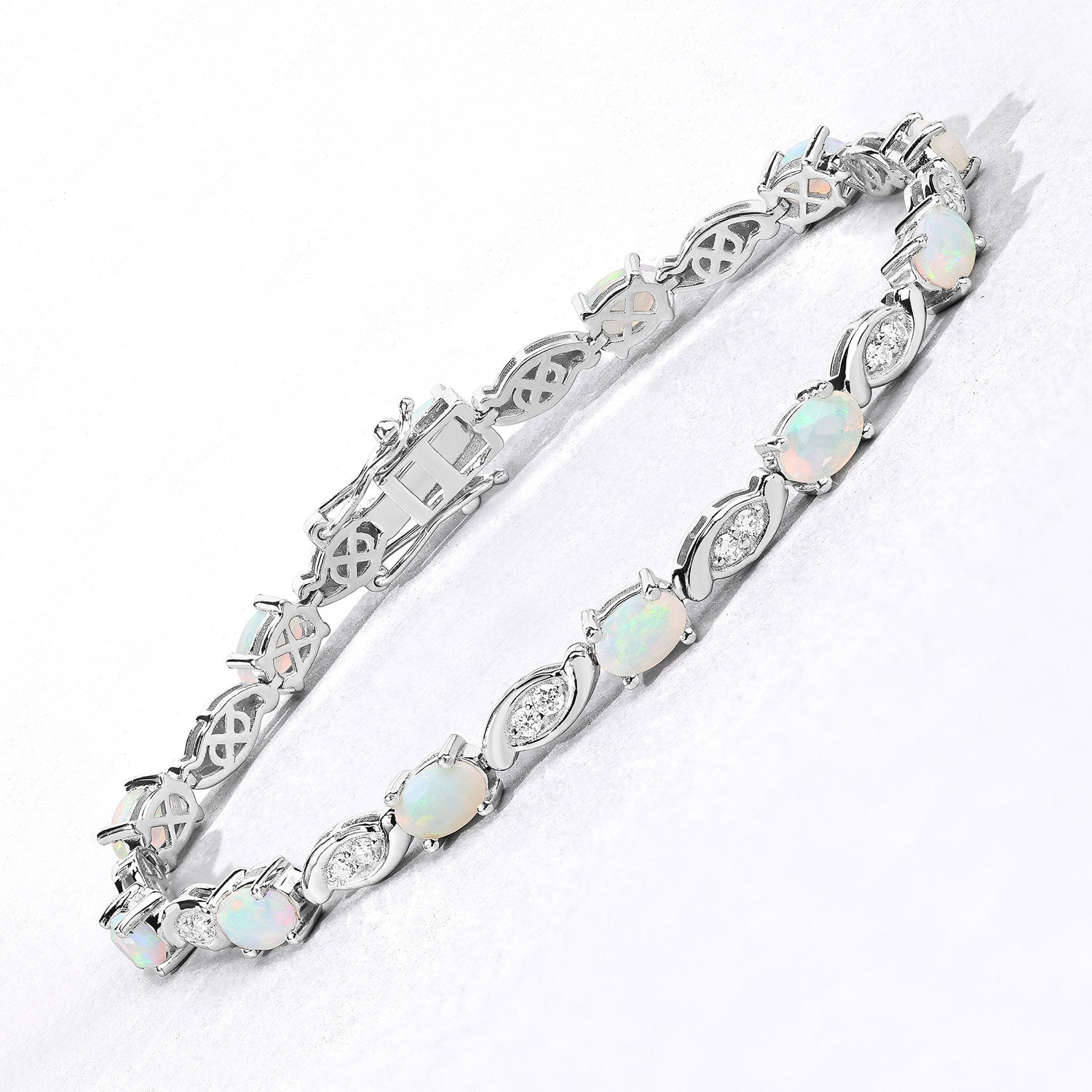 3.41 Cttw Oval White Ethiopian Opal and Lab Grown Diamond Rhodium over Silver Tennis Bracelet