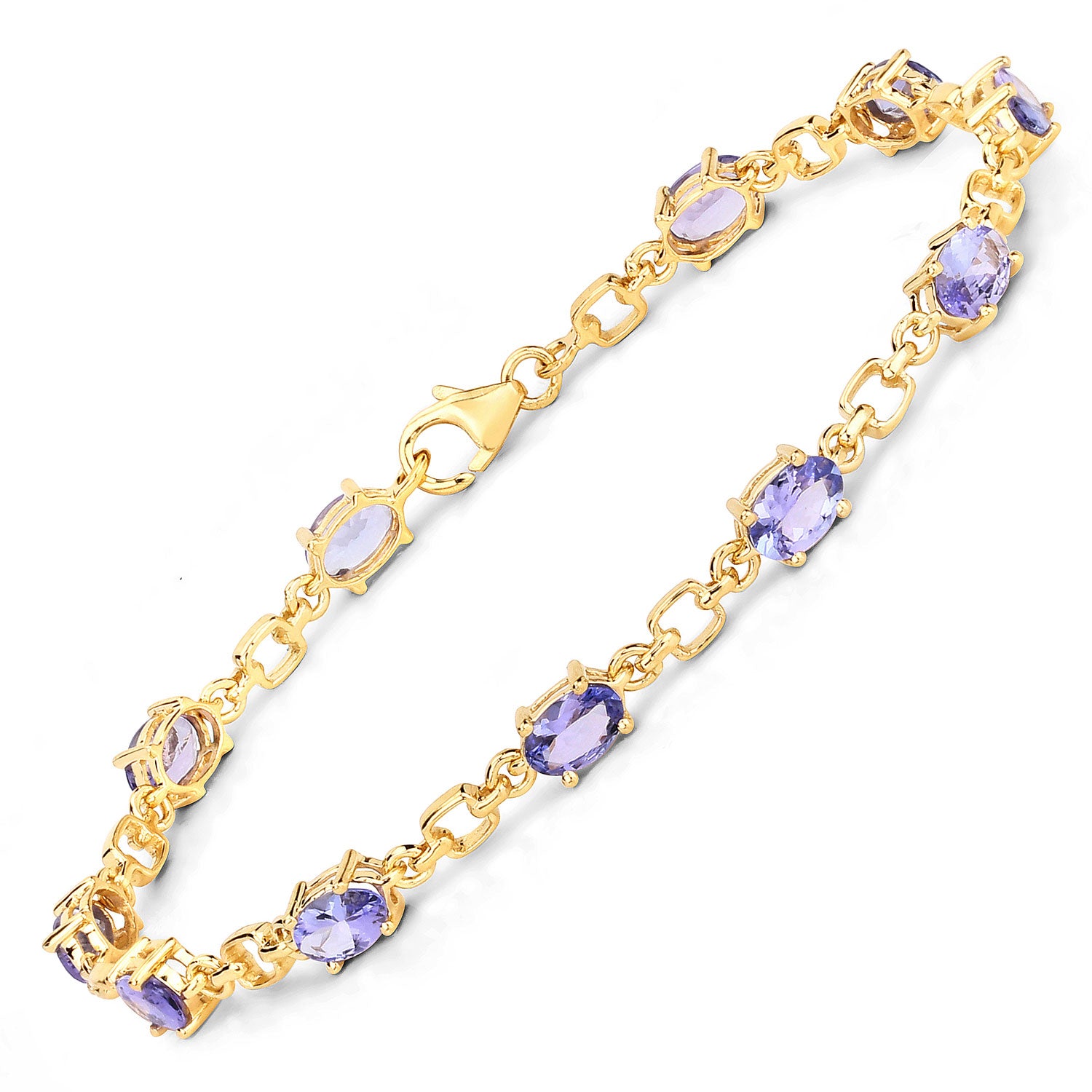 4.84 Cttw Oval Violet Tanzanite 14K Yellow Gold Plated Silver Link Bracelet