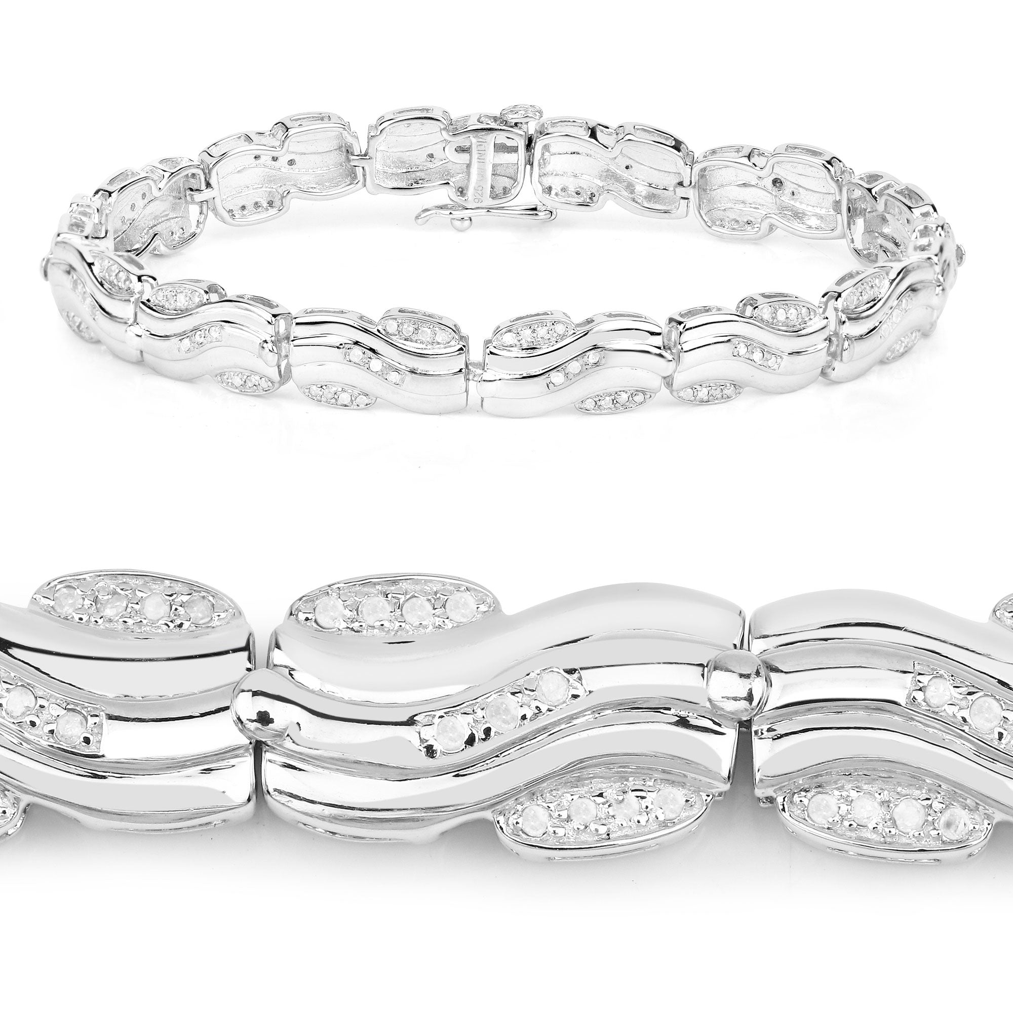 0.84 Cttw Round Diamond 14K White Gold Plated Silver Wave Link Bracelet