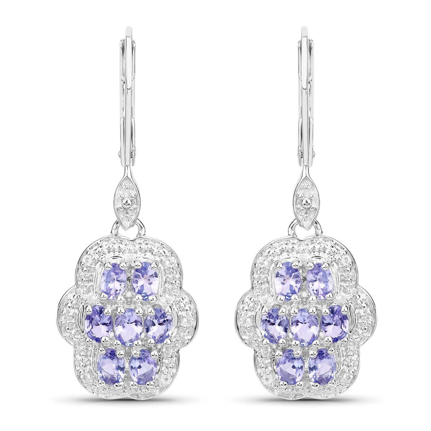 2.44 Cttw Oval Violet Tanzanite Halo Rhodium over Silver Leverback Drop Dangle Earrings