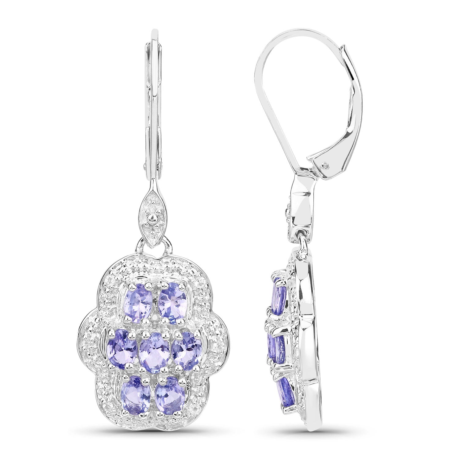 2.44 Cttw Oval Violet Tanzanite Halo Rhodium over Silver Leverback Drop Dangle Earrings