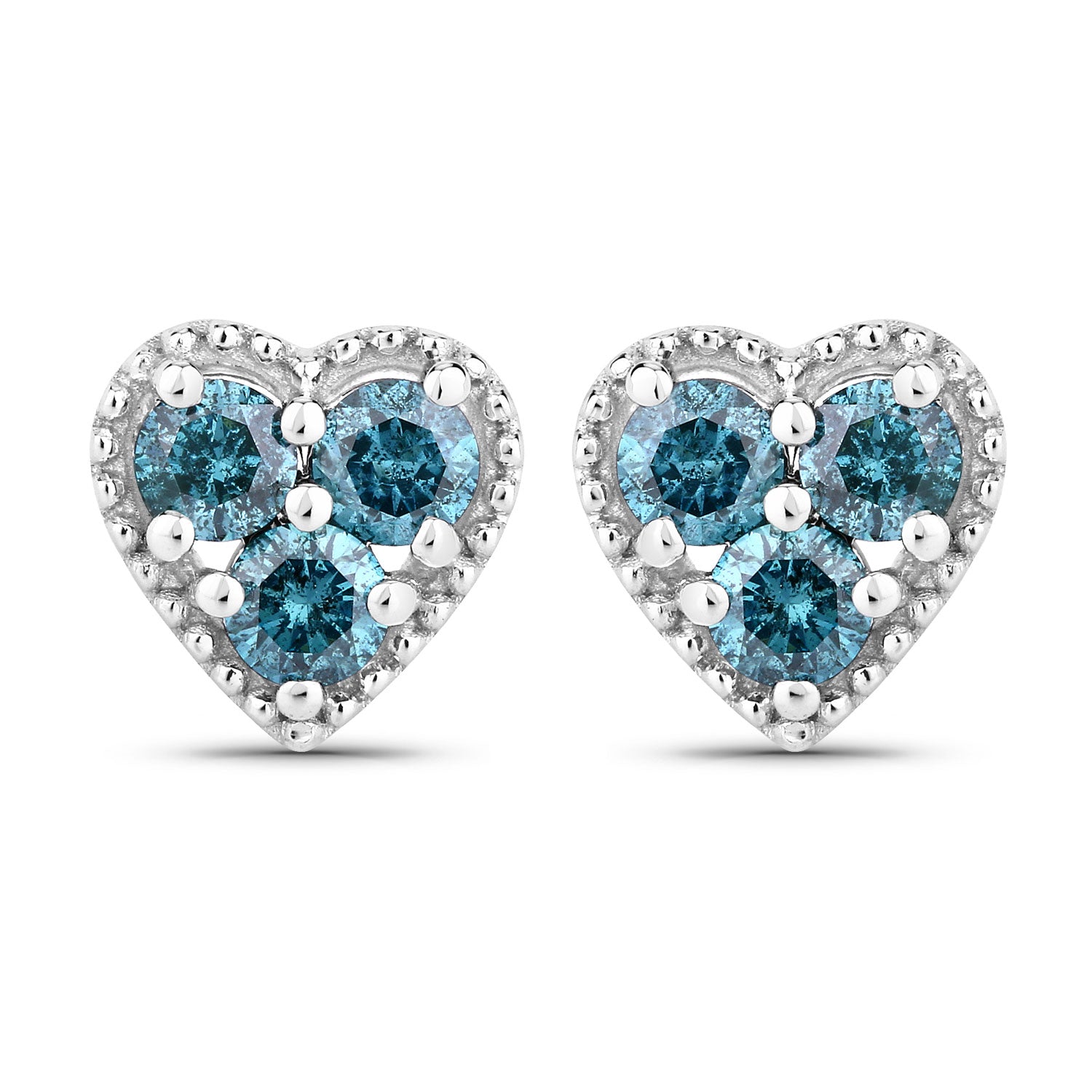 0.50 Cttw Round Teal Blue Diamond Rhodium Plated Silver Heart Stud Earrings