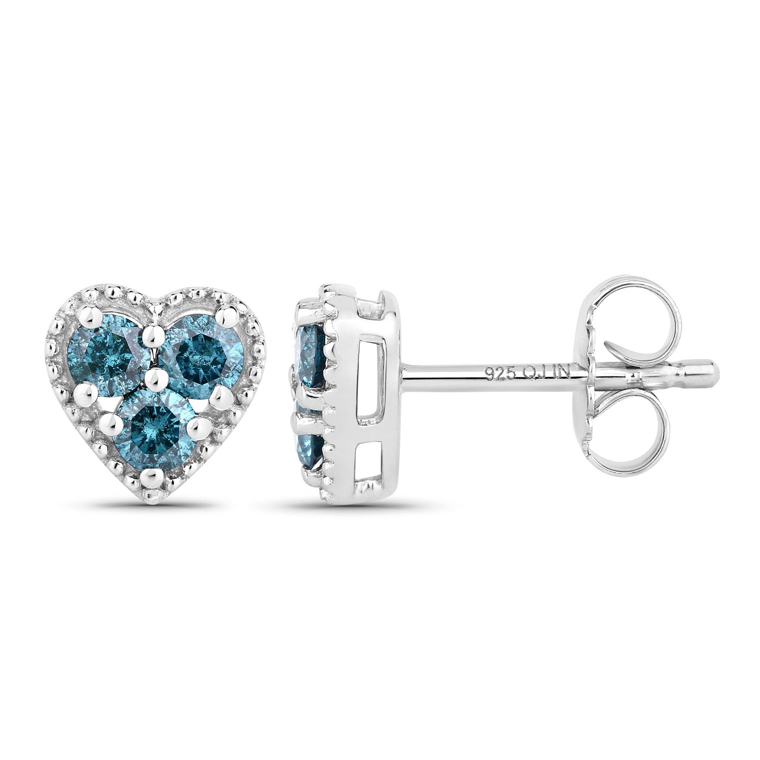 0.50 Cttw Round Teal Blue Diamond Rhodium Plated Silver Heart Stud Earrings