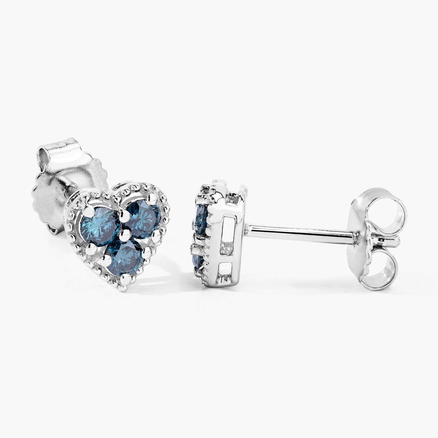 0.50 Cttw Round Teal Blue Diamond Rhodium Plated Silver Heart Stud Earrings