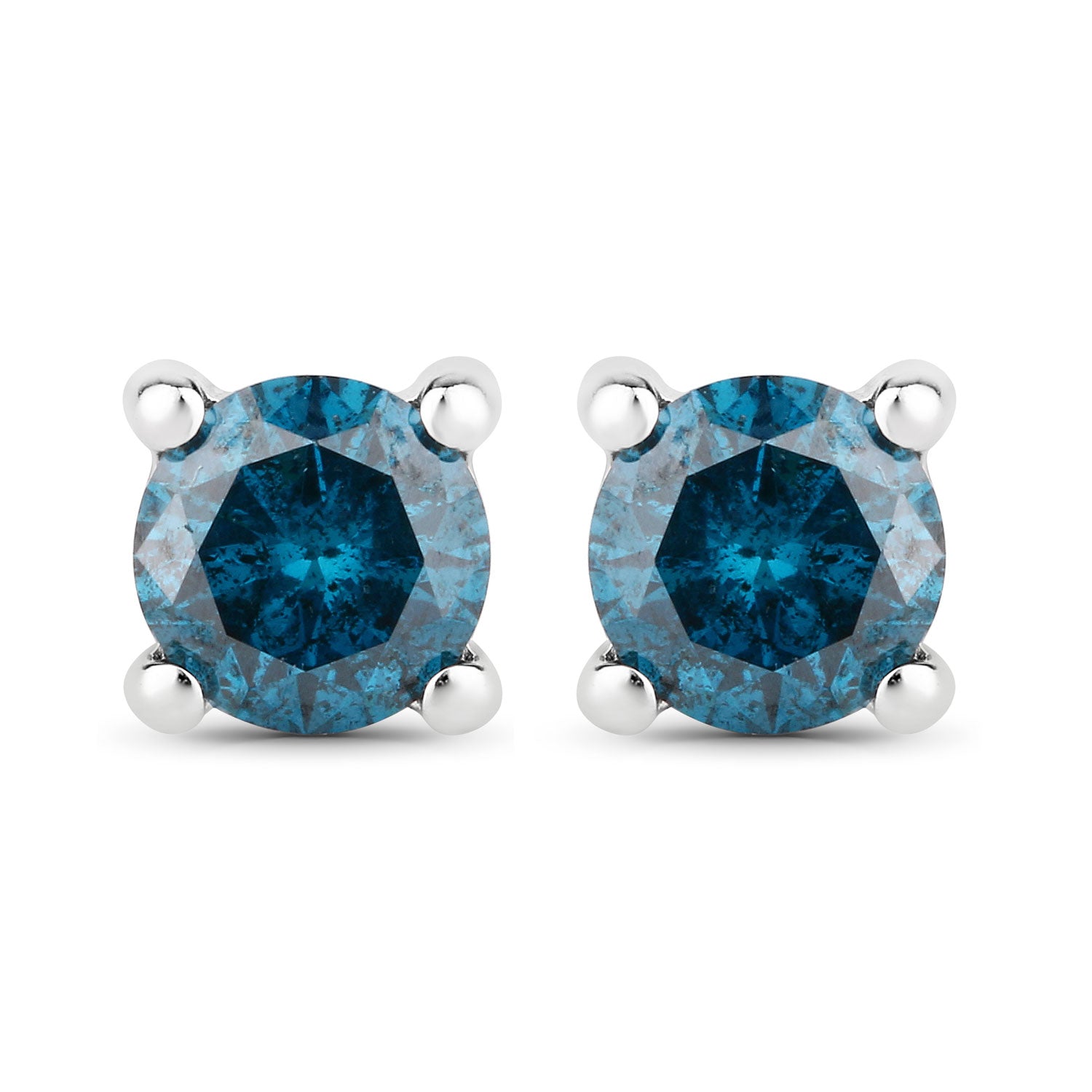 0.35 Cttw Round Teal Blue Diamond Rhodium Plated Silver Solitaire Stud Earrings