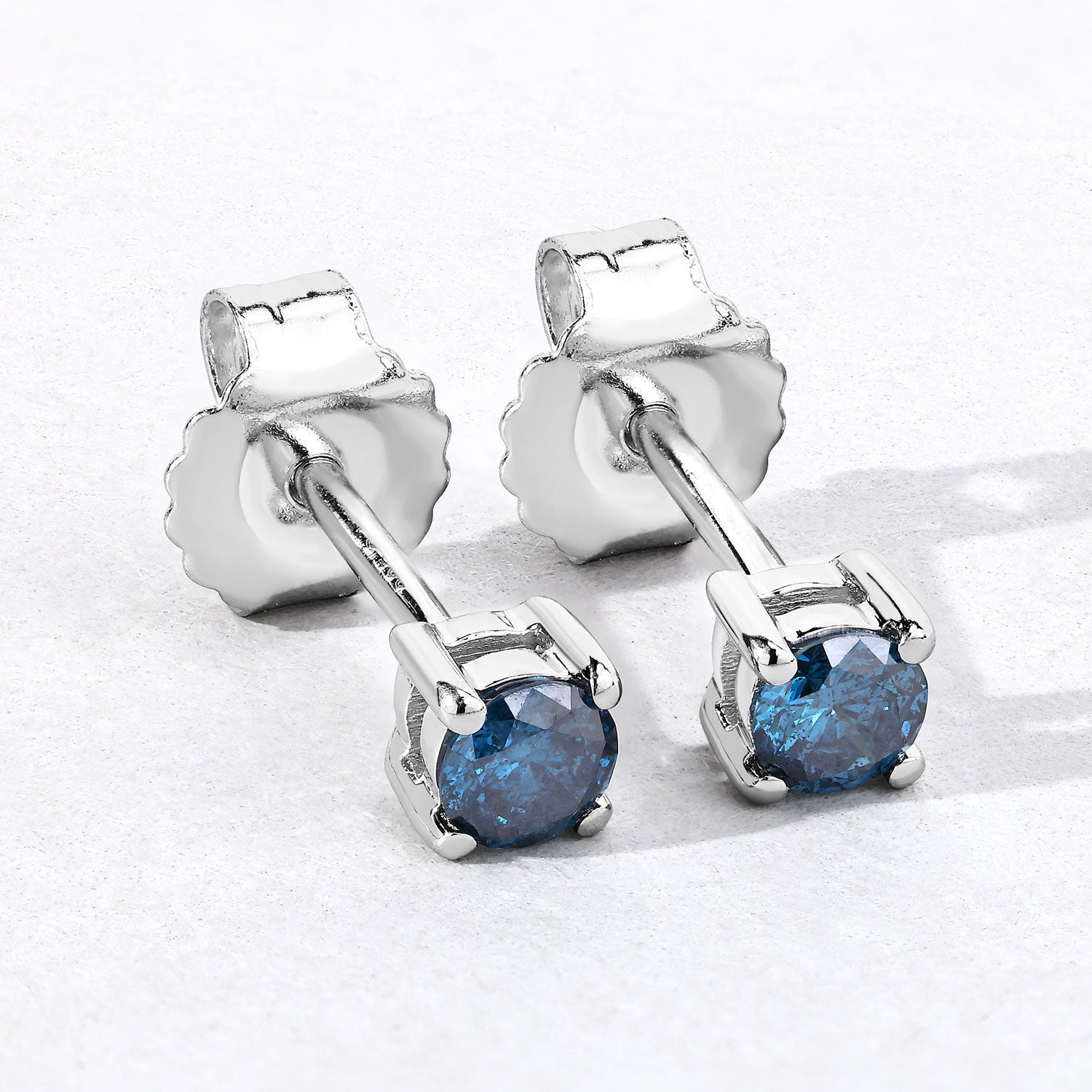 0.35 Cttw Round Teal Blue Diamond Rhodium Plated Silver Solitaire Stud Earrings