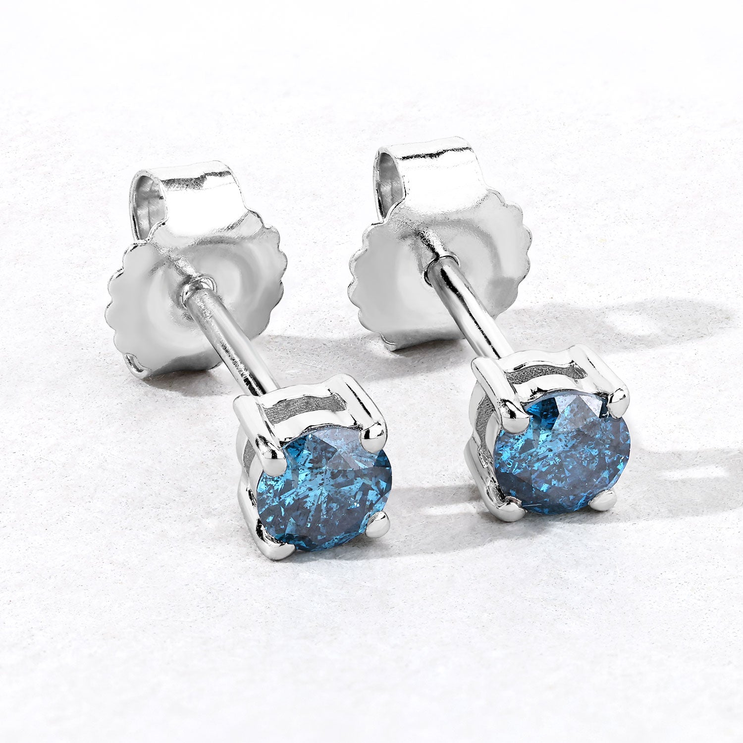 0.57 Cttw Round Teal Blue Diamond Rhodium Plated Silver Stud Earrings