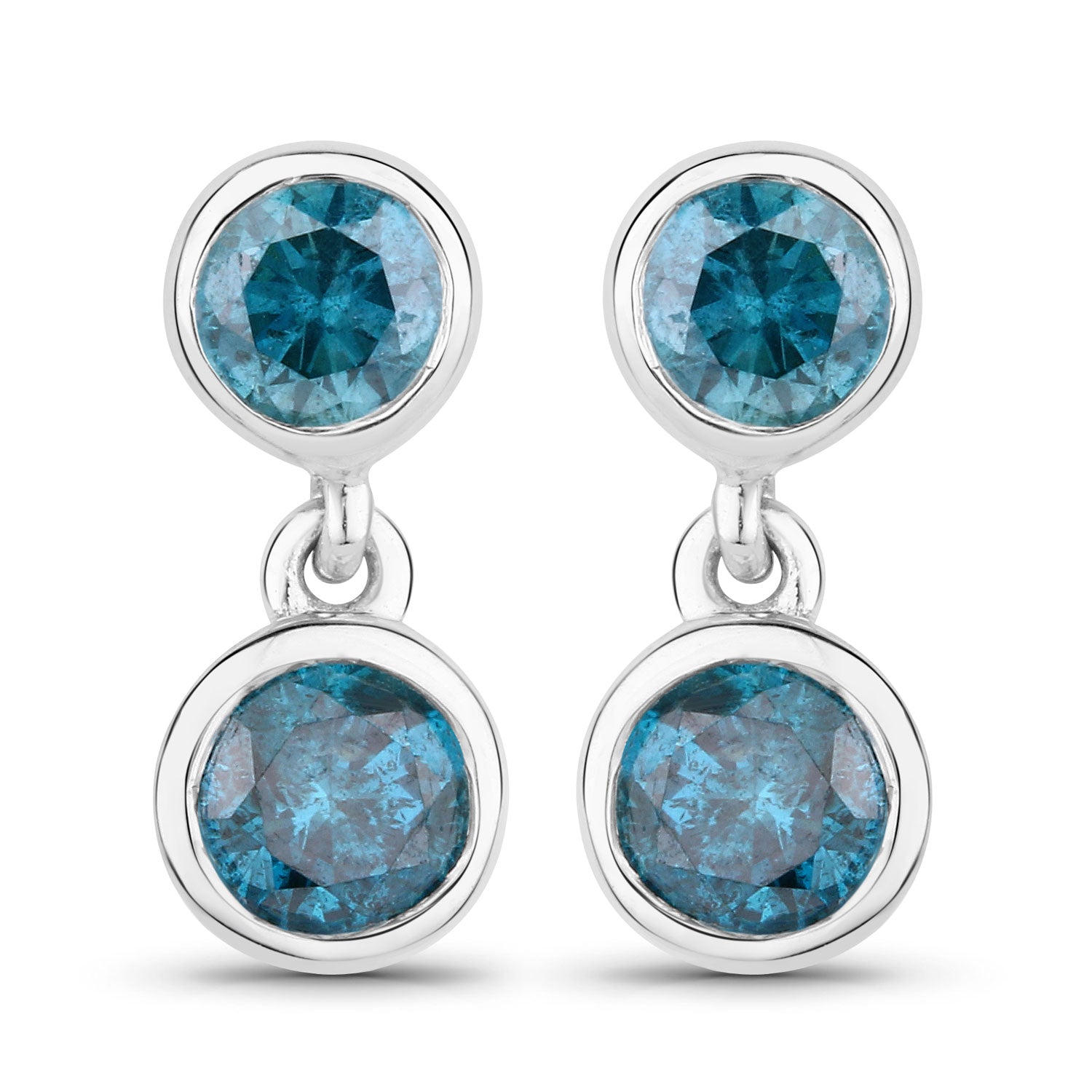 0.76 Cttw Round Teal Blue Diamond Bezel Rhodium Plated Silver Two Stone Dangle Earrings