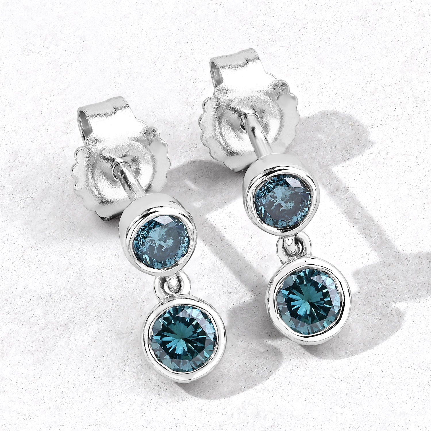 0.76 Cttw Round Teal Blue Diamond Bezel Rhodium Plated Silver Two Stone Dangle Earrings