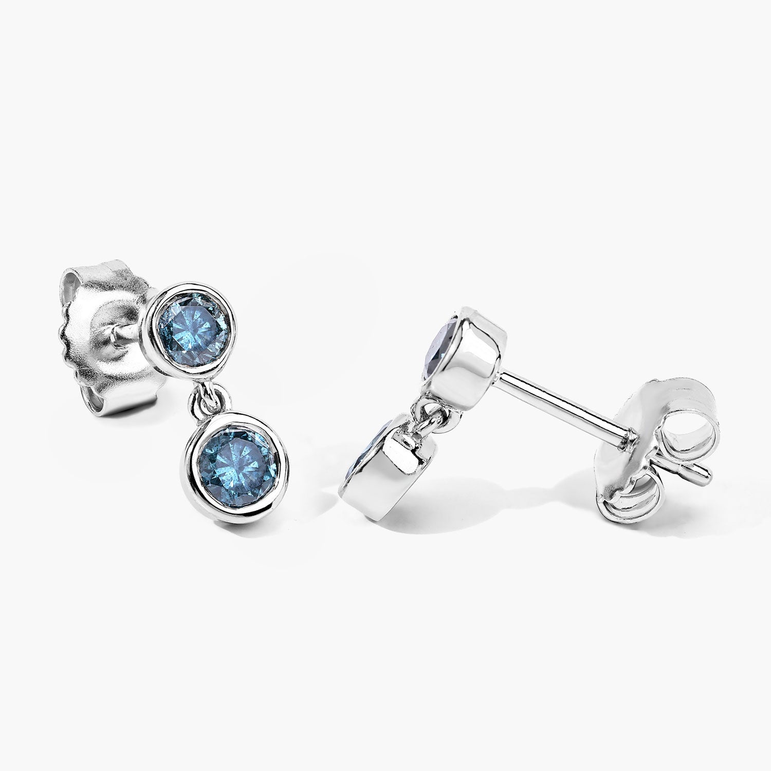 0.76 Cttw Round Teal Blue Diamond Bezel Rhodium Plated Silver Two Stone Dangle Earrings