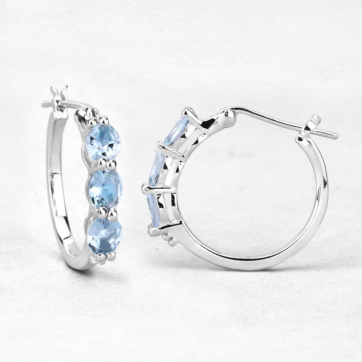 Genuine Blue Aquamarine and Diamond Hoop Earrings