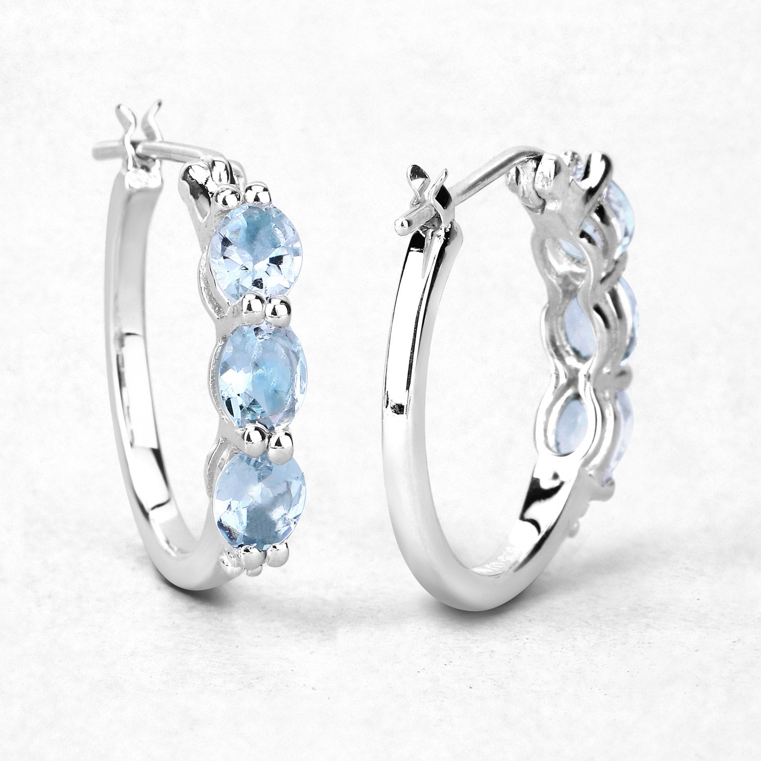 Genuine Blue Aquamarine and Diamond Hoop Earrings