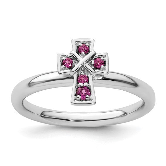 Natural Rhodolite Garnet Silver Stackable Cross Ring